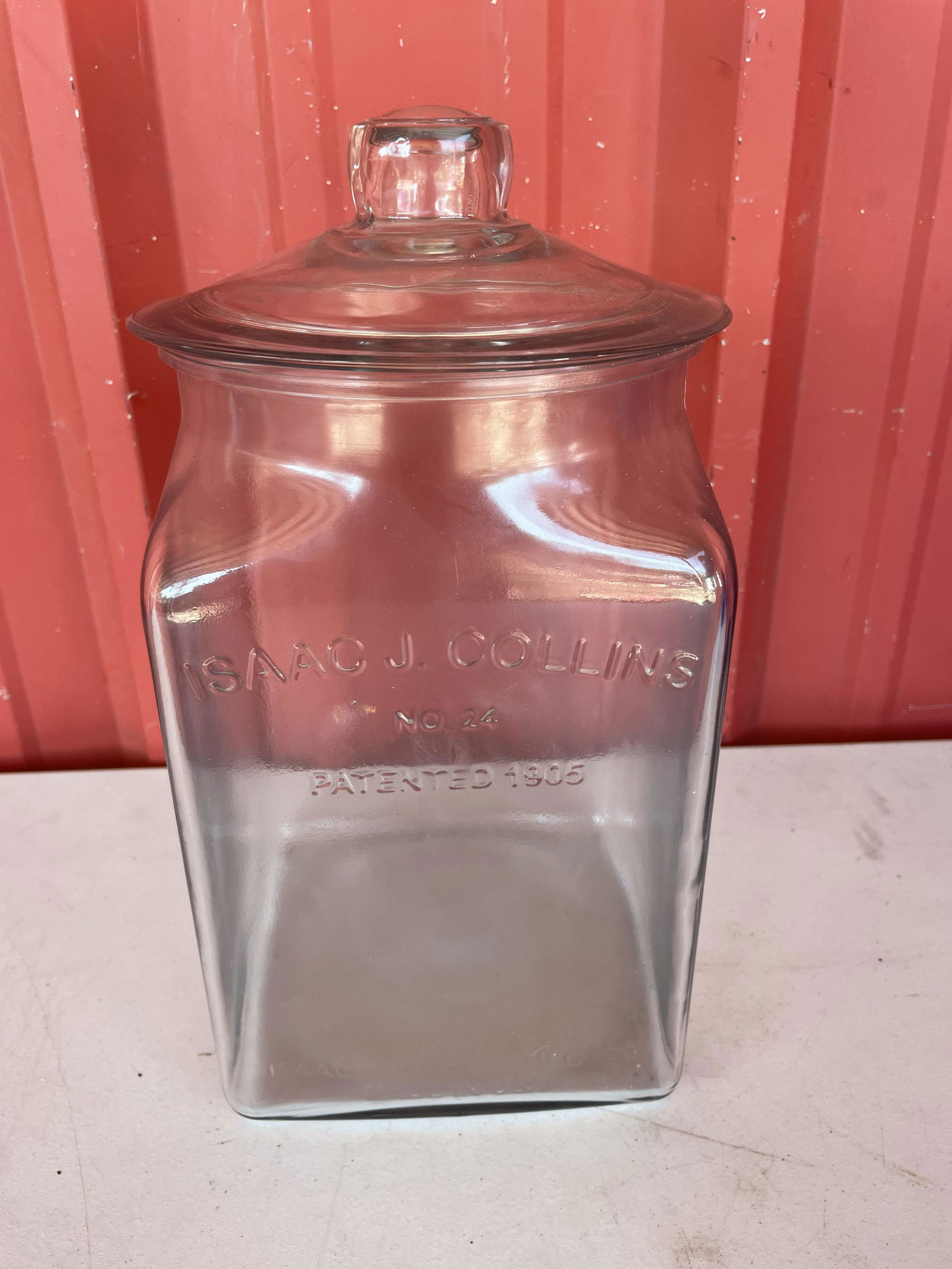 Isaac J. Collins No. 24 Square Glass Embossed Jar With Lid 12.5" Sep