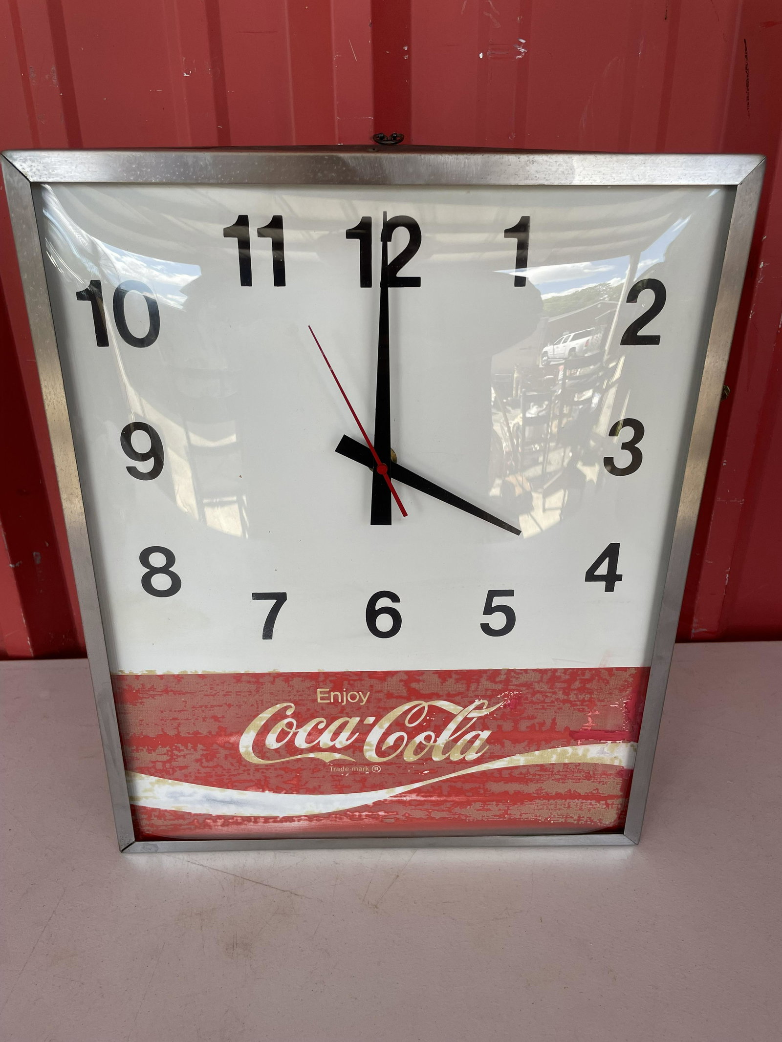 Vintage Coca-Cola Advertising Wall Clock By Synchron App. 13"x20": Vintage Coca-Cola Advertising Wall Clock By Synchron App. 13"x20"