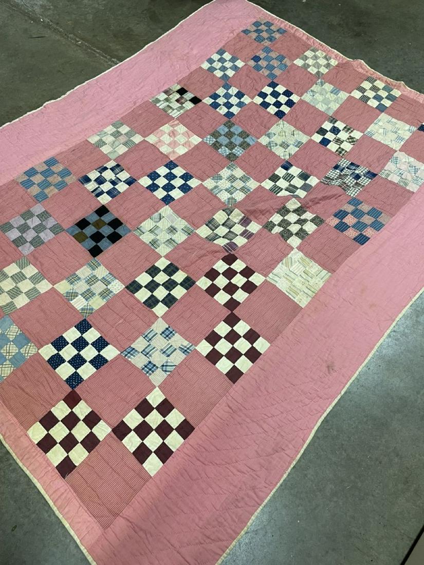 Antique Handsewn Checkerboard Pattern Quilt Pink/White (1 of 3)