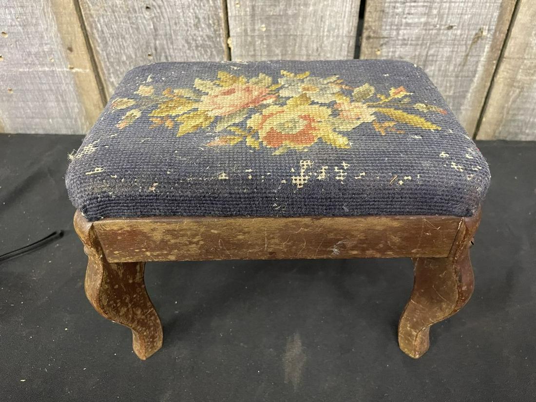 Antique Embroidered Foot Stool As Found 11" (1 of 2)