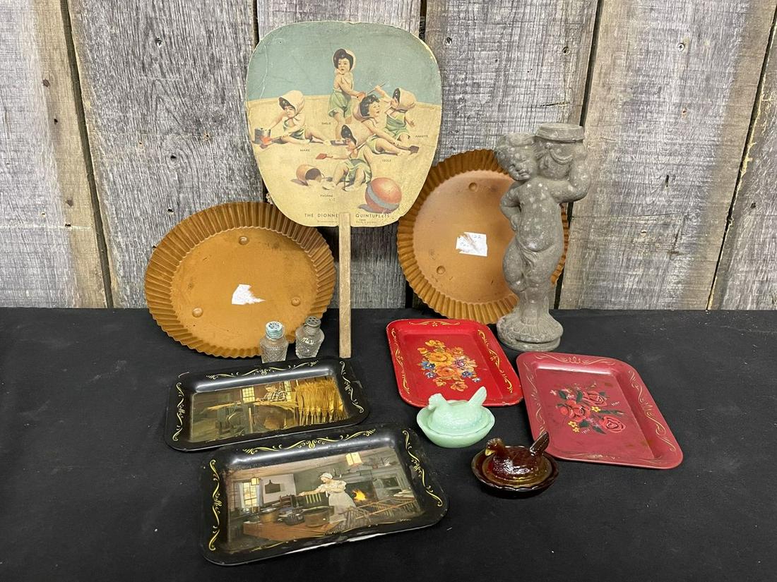 Antique Bagdad, KY. Paper Advertising Hand Fan, Decorated Metal Trays, Miniature Glassware Hen On (1 of 2)