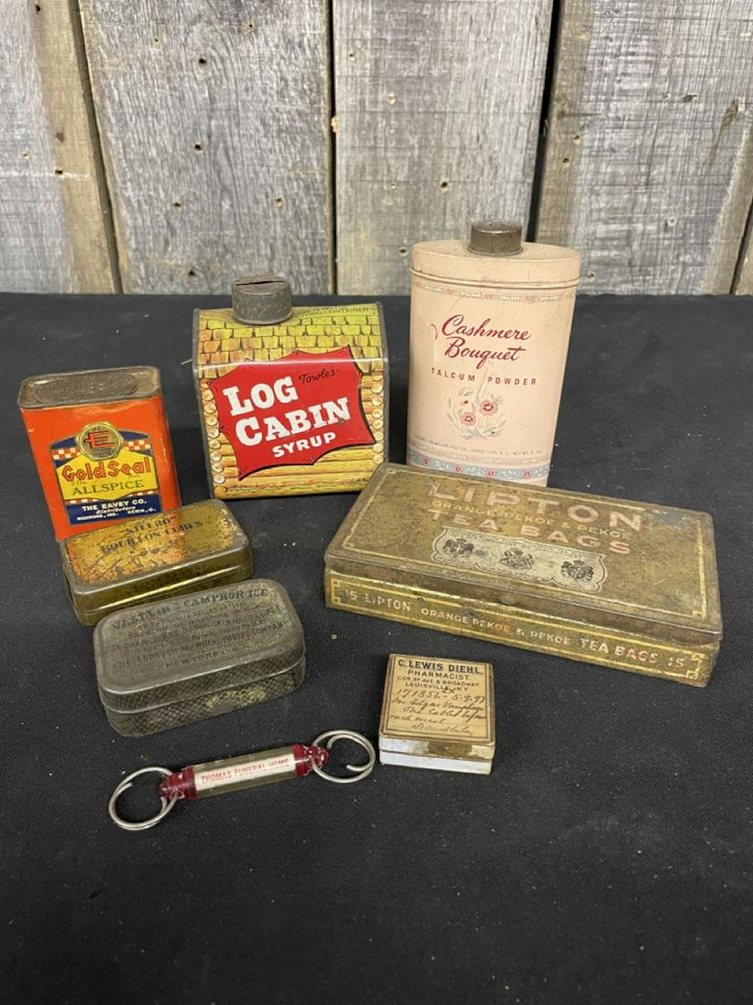 Lipton Tea Bag Tin, C. Lewis Diehl Pharmacist Tin, Thomas Funeral Home Keychain And Assorted Tins (1 of 1)