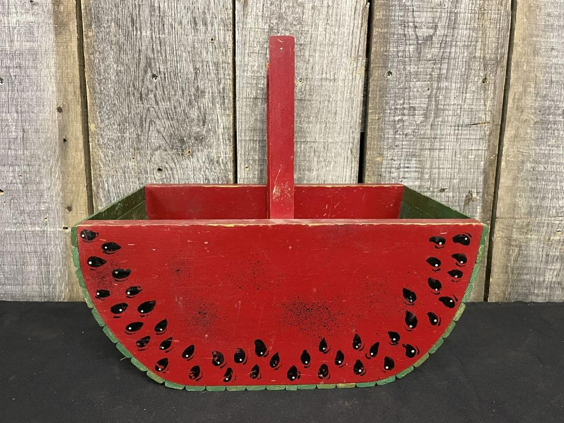 Painted Wooden Watermelon Decorated Basket 14"W (1 of 2)