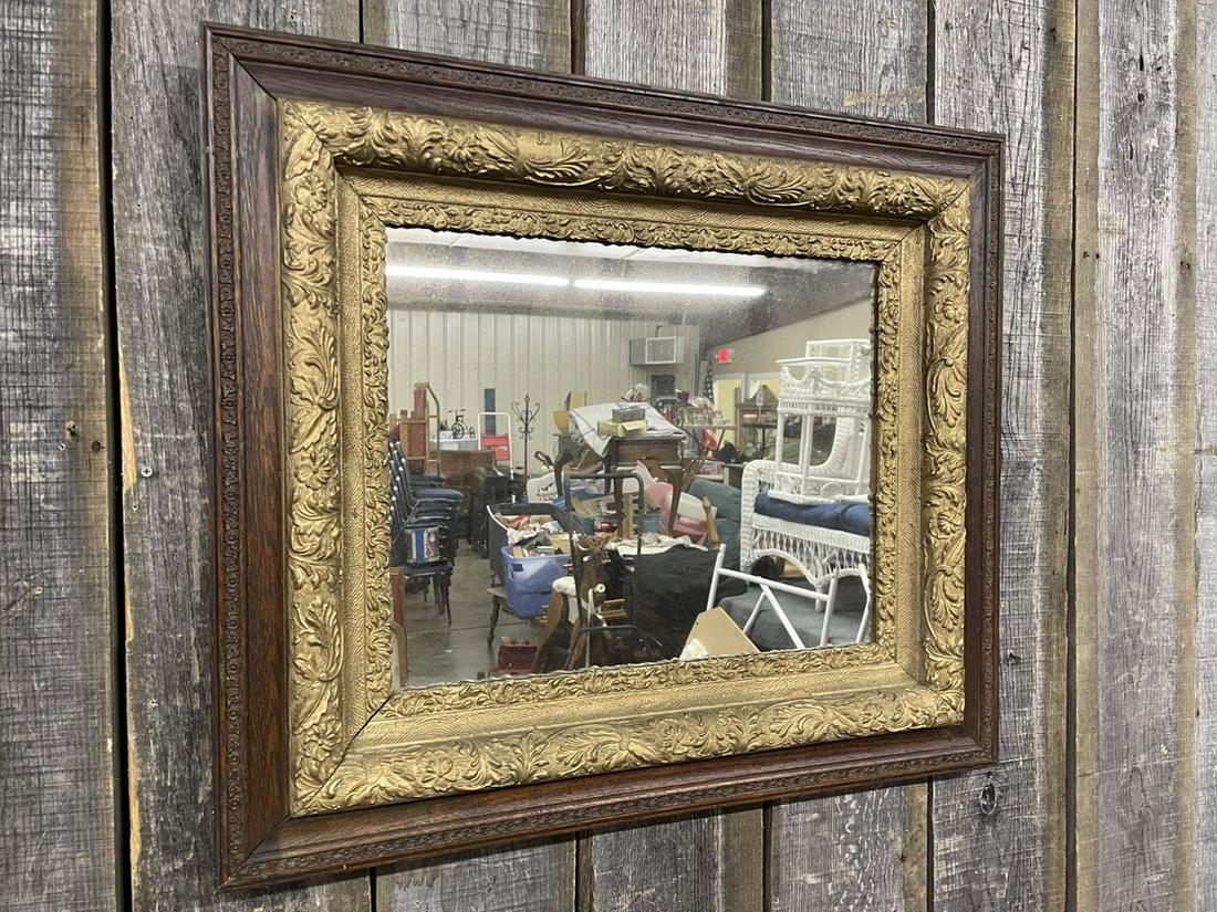 Antique Wall Mirror With Brown/Gold Decorated Wooden Frame 31"x25": Antique Wall Mirror With Brown/Gold Decorated Wooden Frame 31"x25"