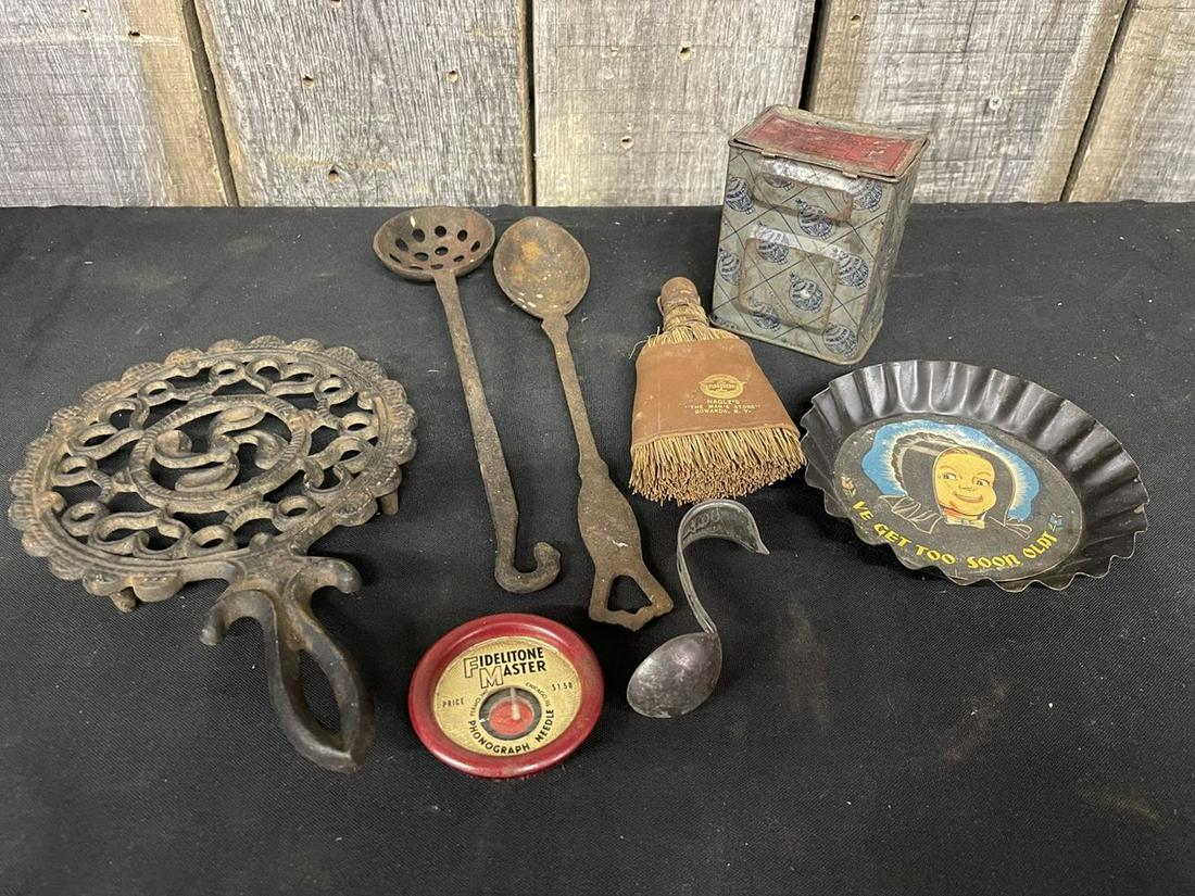 Collection Of Cast Iron Ladles, Trivet, Brush And Small Tins (1 of 1)