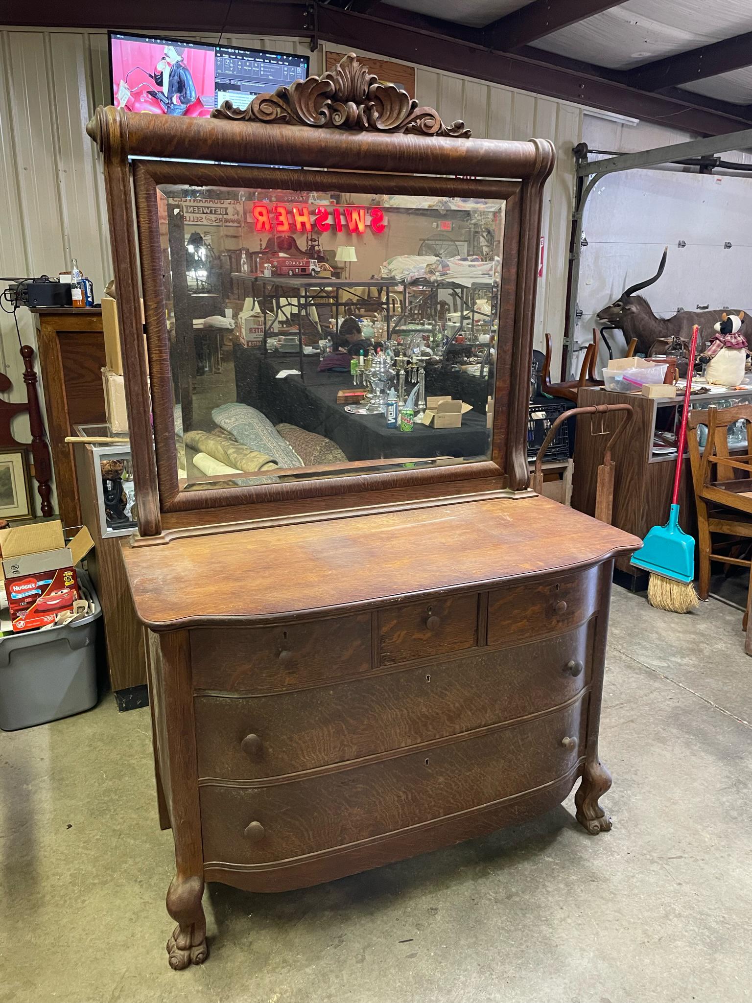Tiger Oak 5 Drawer Dresser w/ Mirror (1 of 6)