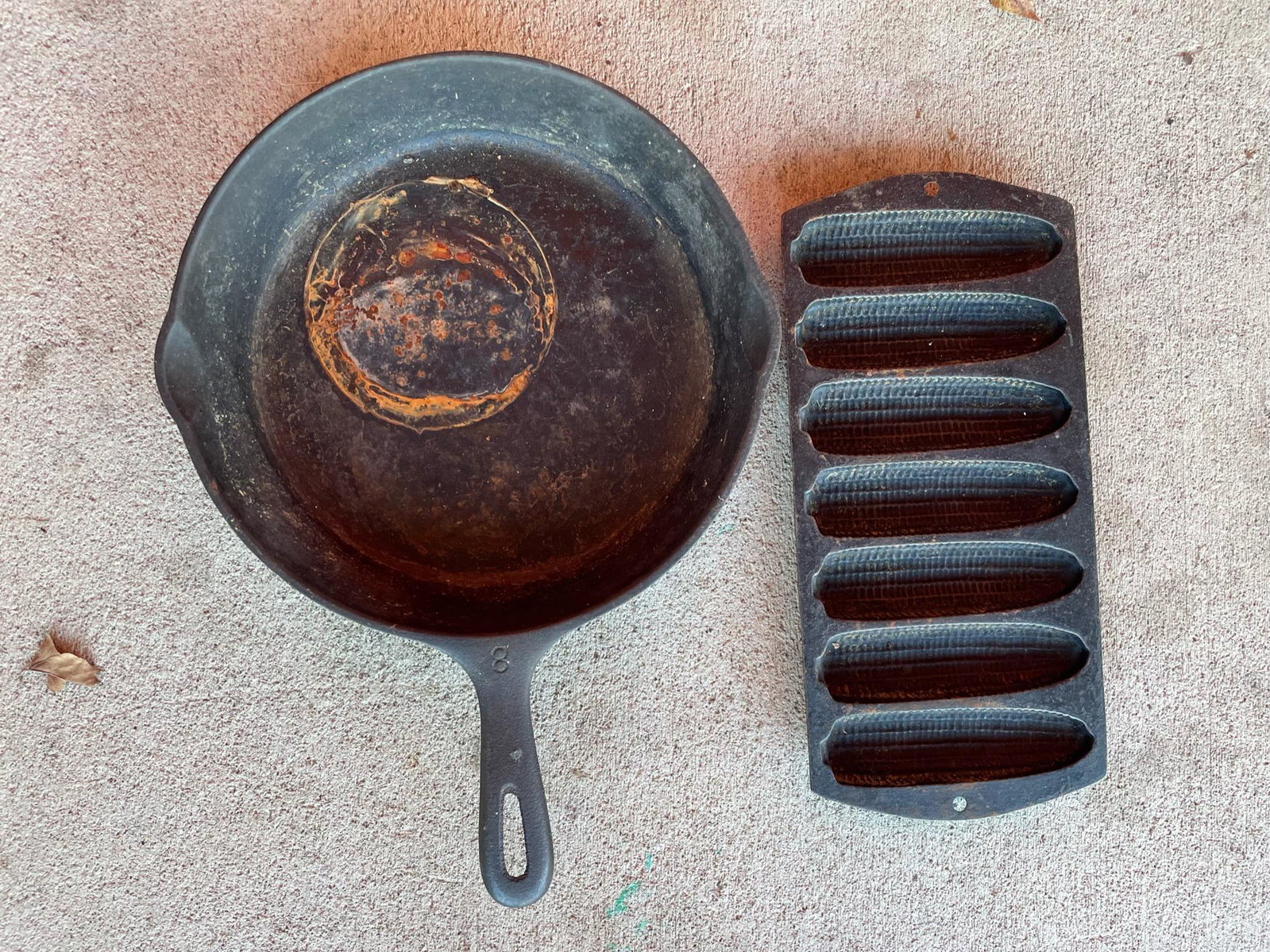 Unmarked Cast Iron Skillet and Corn Stick: Unmarked Cast Iron Skillet and Corn Stick