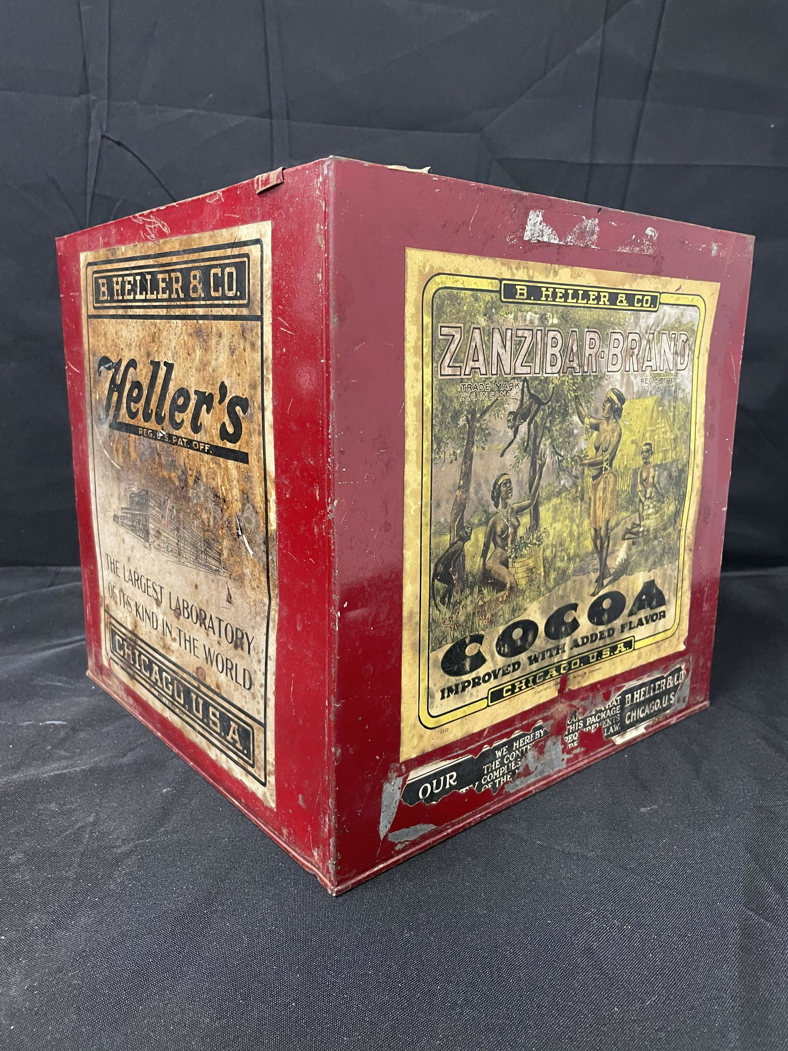 B. Heller And Co. Zanzibar Brand Cocoa Tin Box (Chicago, U.S.A.) (11"): B. Heller And Co. Zanzibar Brand Cocoa Tin Box (Chicago, U.S.A.) (11")