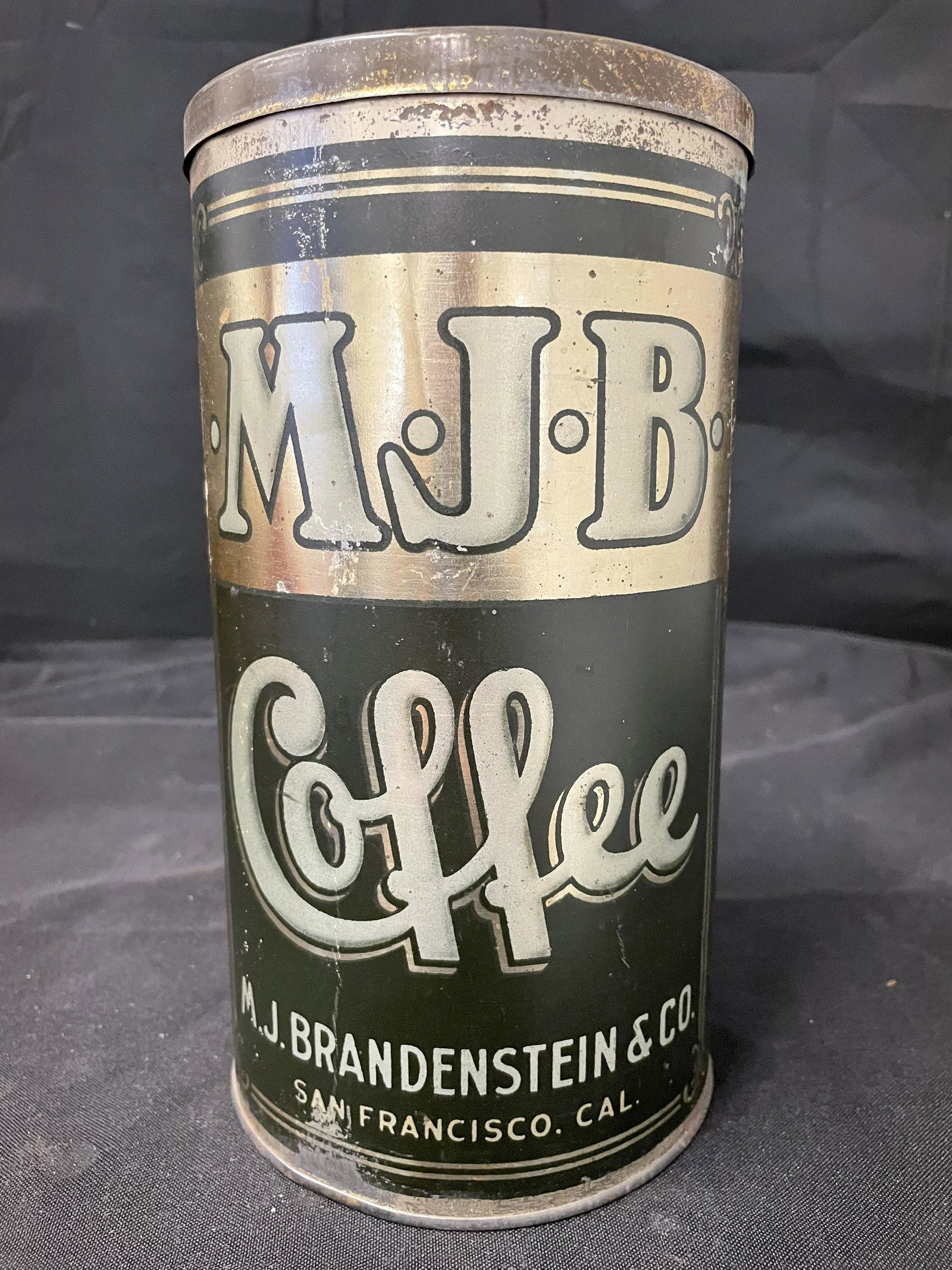M.J.B. 3Lb. Coffee Tin. San Francisco, CA. (9"): M.J.B. 3Lb. Coffee Tin. San Francisco, CA. (9")