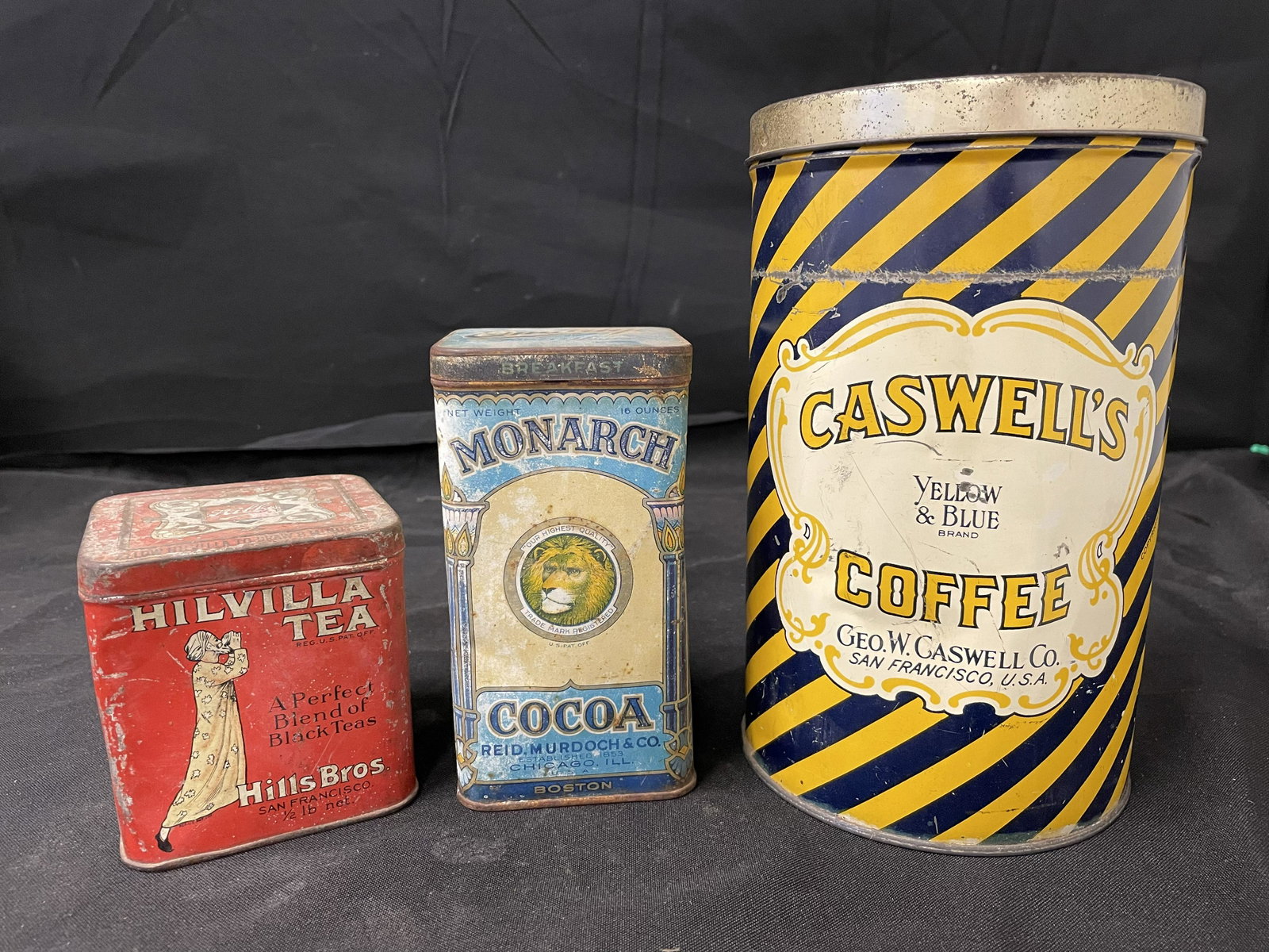 Caswell's Coffee, Monarch Cocoa And Hilvilla Tea (Hills Bros.) Tins (9"): Caswell's Coffee, Monarch Cocoa And Hilvilla Tea (Hills Bros.) Tins (9")