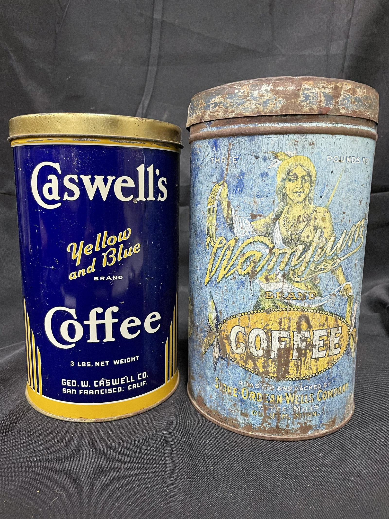 Pair Of Large Coffee Tins Including Caswell Coffee And Wampum Coffee With Native American Scene (1 of 1)