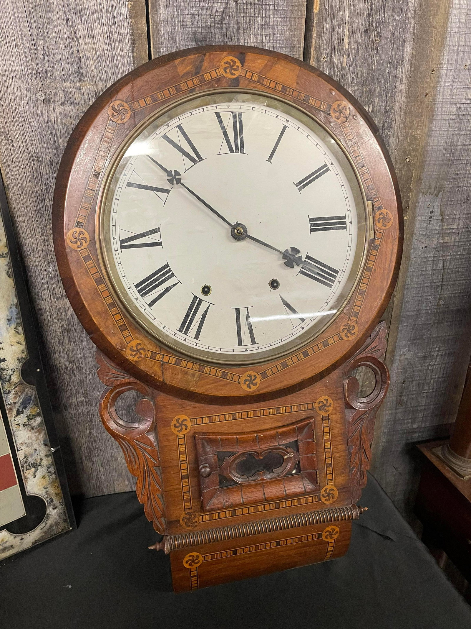 Antique Highly Inlaid Wall Clock: Antique Highly Inlaid Wall Clock