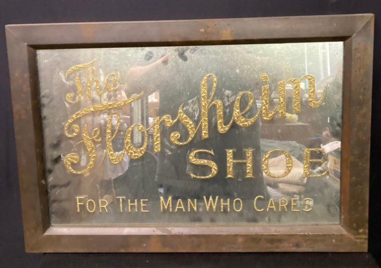 Early Florsheim Shoe Advertising Mirror in Brass Frame 25x17: Early Florsheim Shoe Advertising Mirror in Brass Frame 25x17