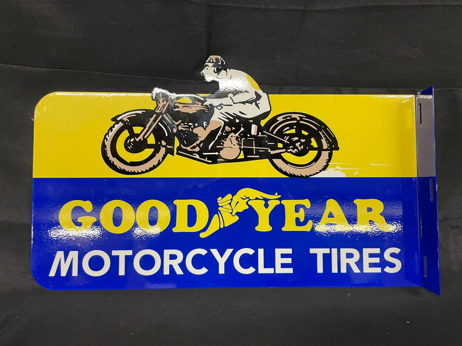 Goodyear Motorcycle Tires Metal Enamel Flange sign: Goodyear Motorcycle Tires Metal Enamel Flange sign