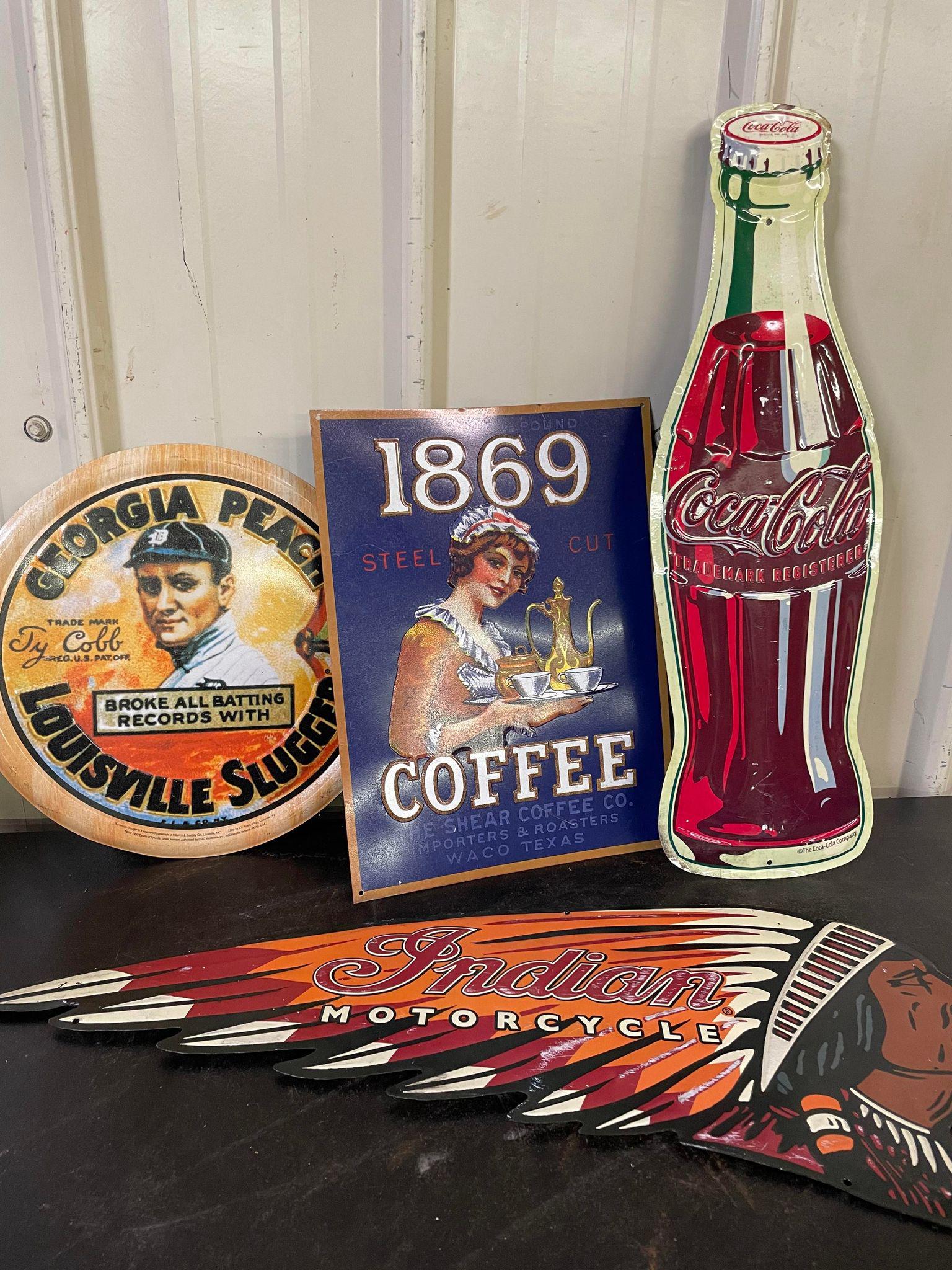 Advertising Signs: Coca-Cola, Indian Motorcycles, Louisville Slugger, Shear Coffee: Advertising Signs: Coca-Cola, Indian Motorcycles, Louisville Slugger, Shear Coffee
