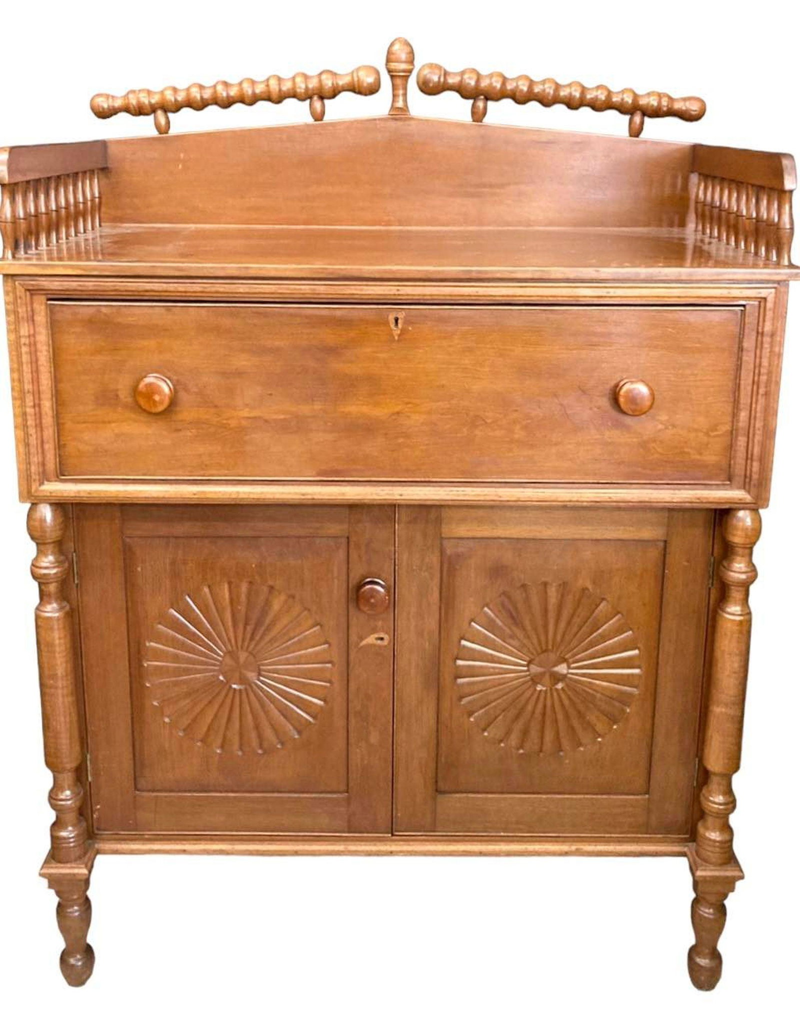 Early Walnut Highly Carved Press w. Full Column Front and Full Pindled Gallery Top and Inlaid Key (1 of 6)