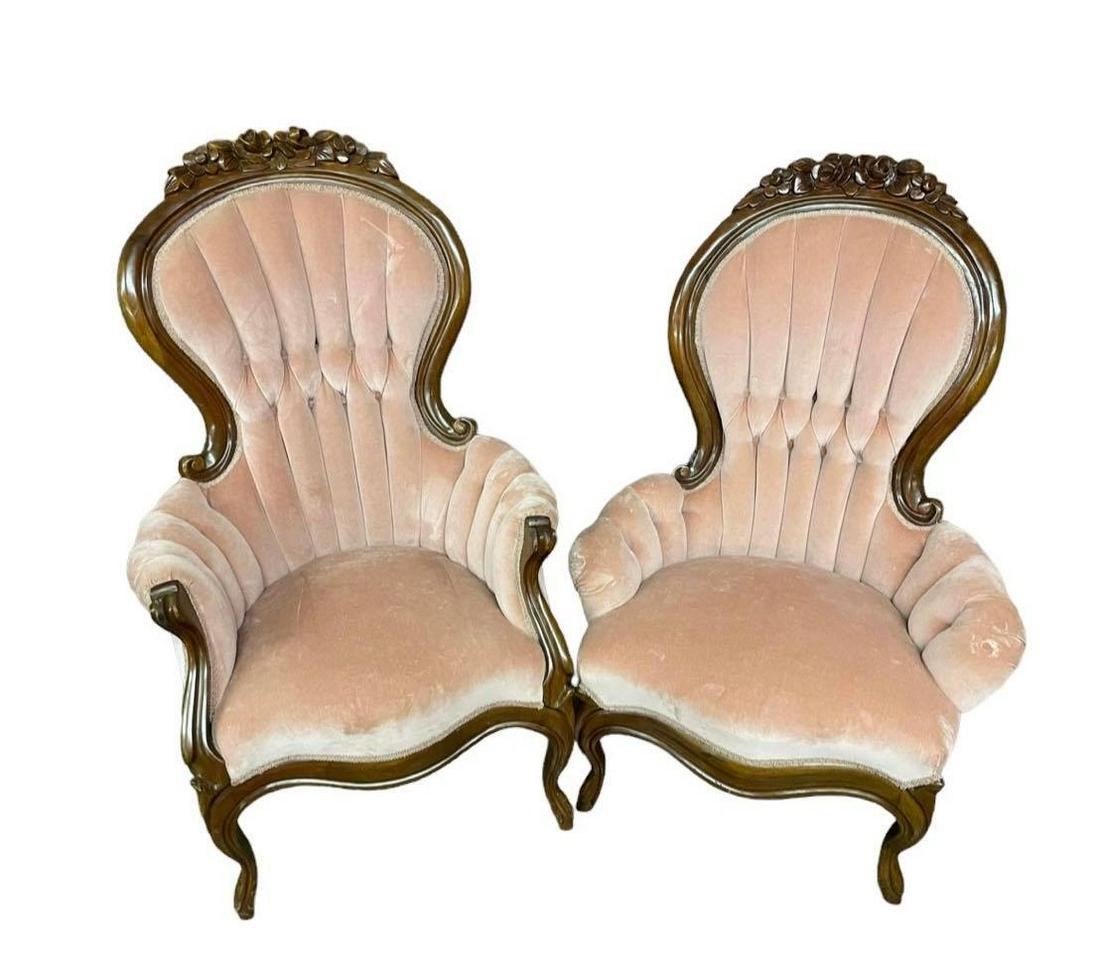 Vintage Victorian Rose Matched Parlor Chairs, Velvet Upholstery (1 of 3)