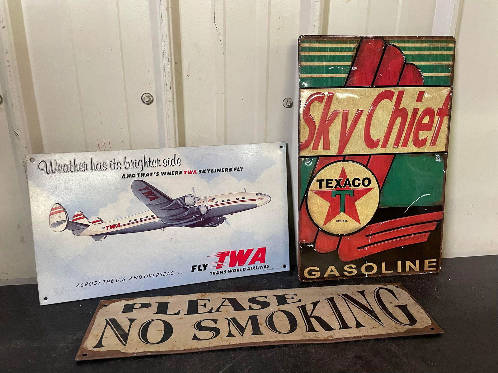 Trio of Signs: Fly TWA, Texaco Sky Chief, No Smoking (1 of 1)