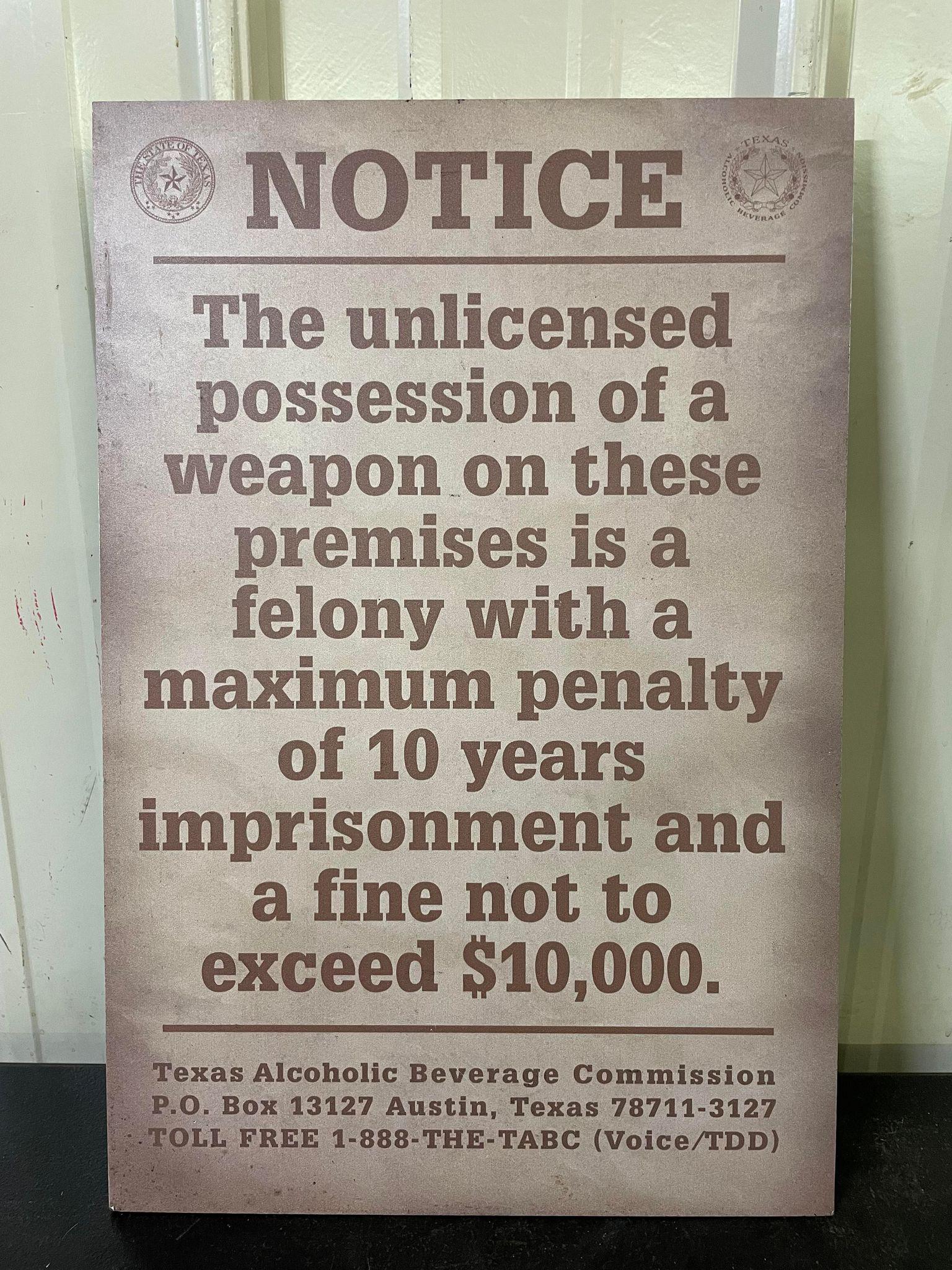 Notice of Weapon Sign: Notice of Weapon Sign