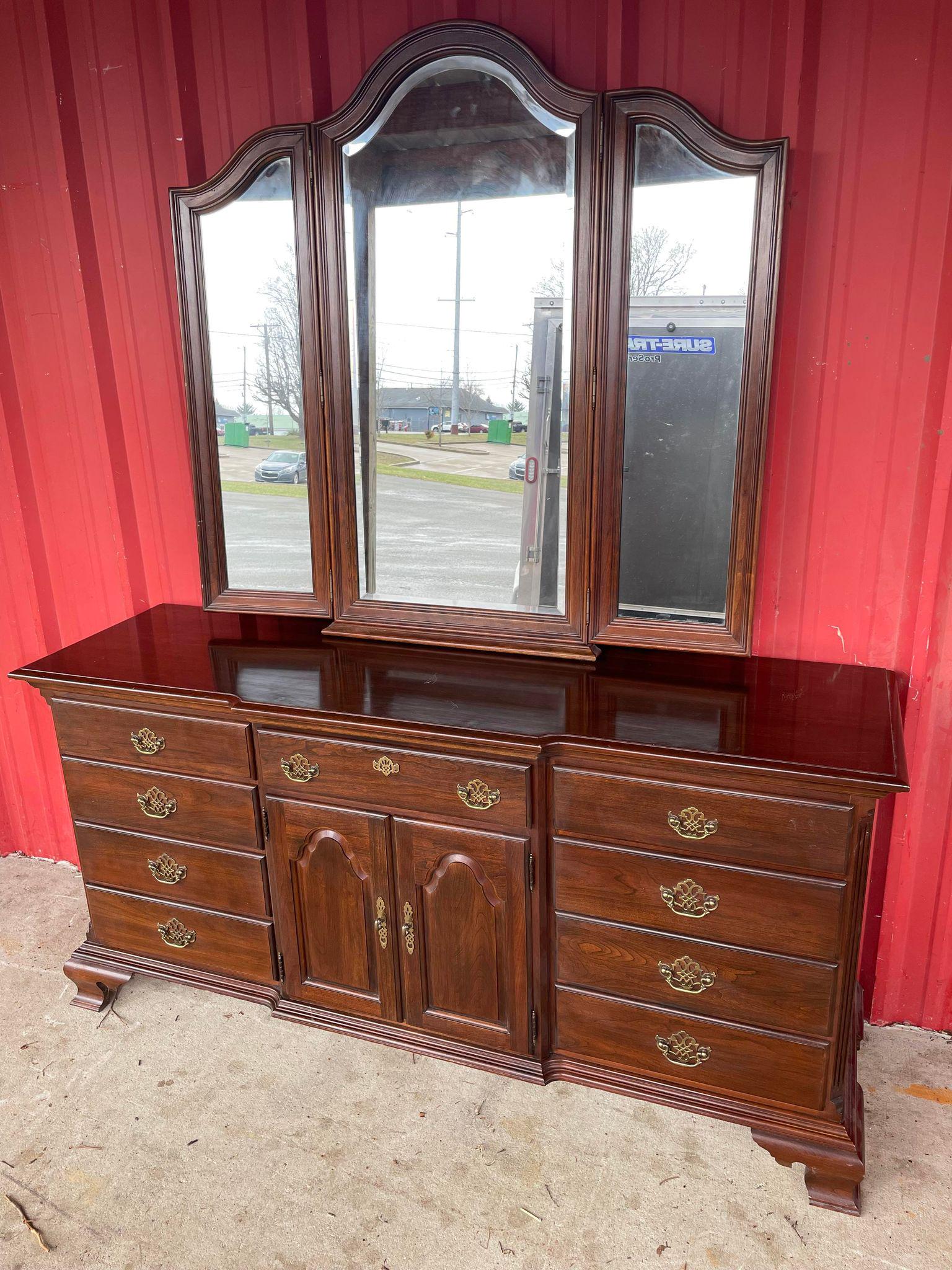 Chippendale Style Triple Dresser w/ Mirror: Chippendale Style Triple Dresser w/ Mirror