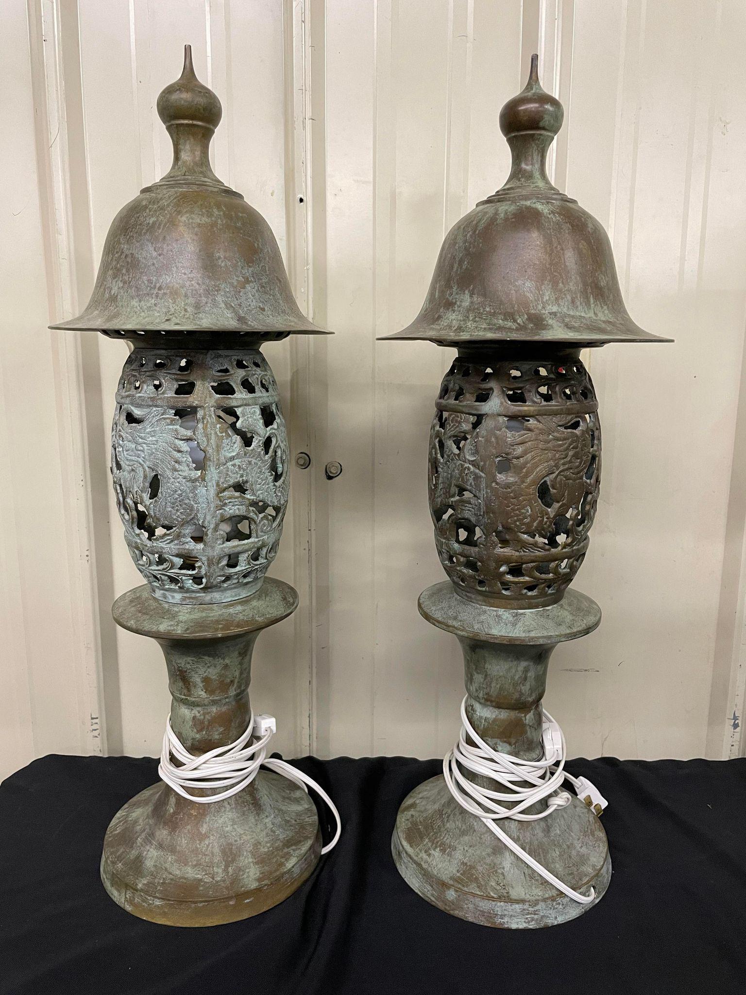 Brass Oriental Style Outdoor Brass Urns - Has Been Electrified to Lamps: Brass Oriental Style Outdoor Brass Urns - Has Been Electrified to Lamps