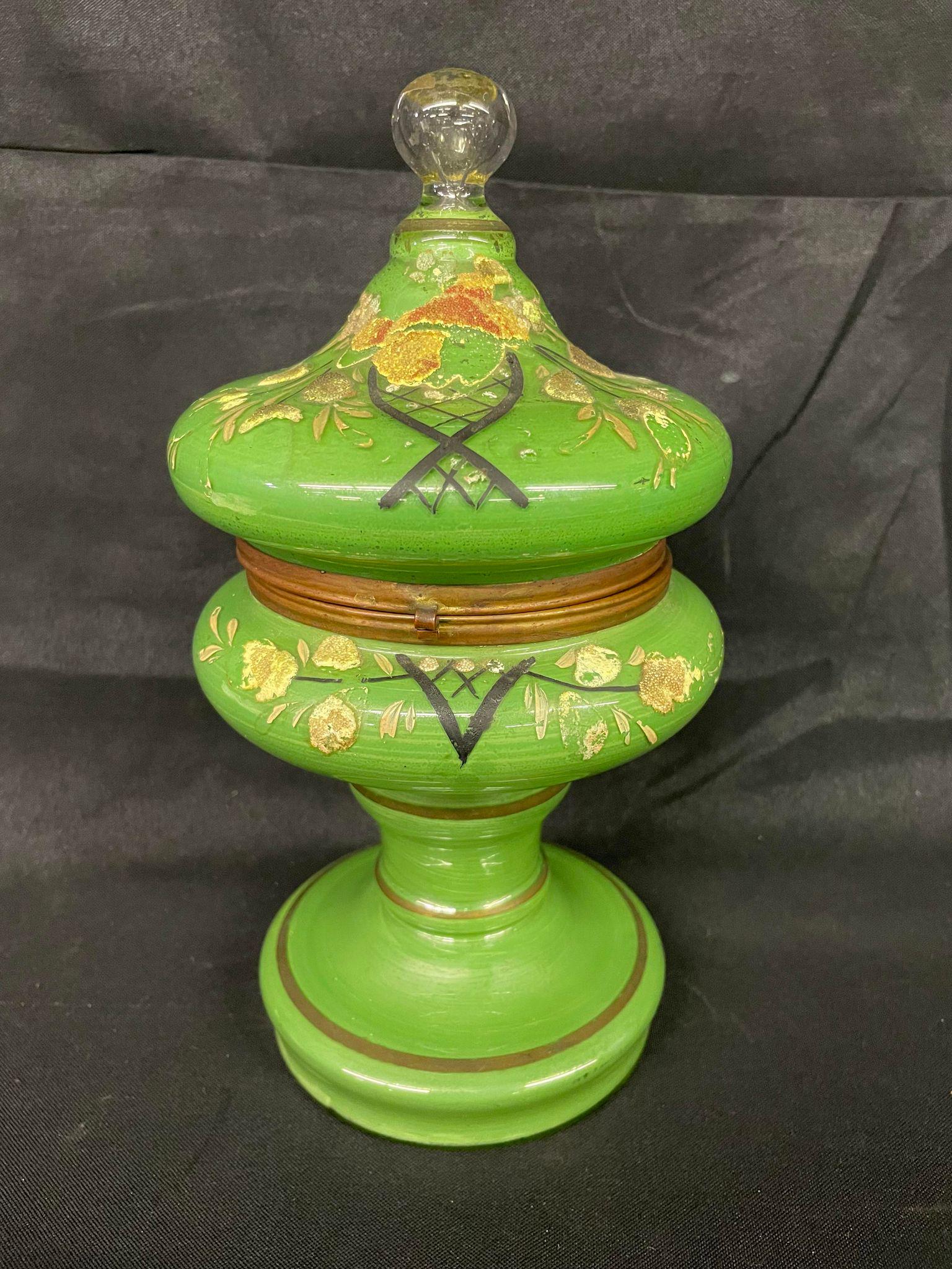 Antique Czechoslovakian Green Hand Painted Cordial Set, Glass Cordial Tantalus Set / Schnapps Set. C (1 of 2)