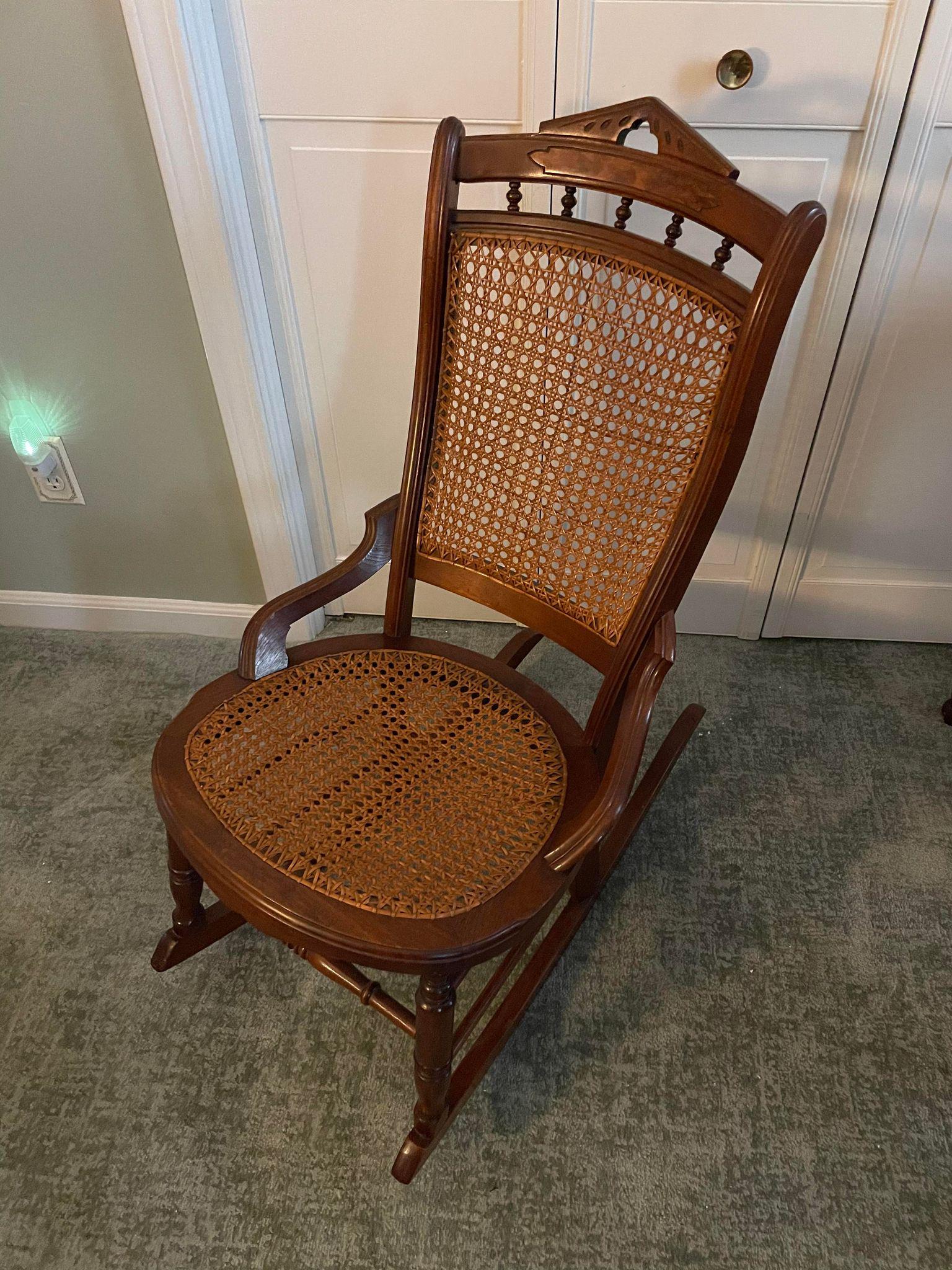 Antique American Cherry Walnut Caned Back Rocking Chair: Antique American Cherry Walnut Caned Back Rocking Chair