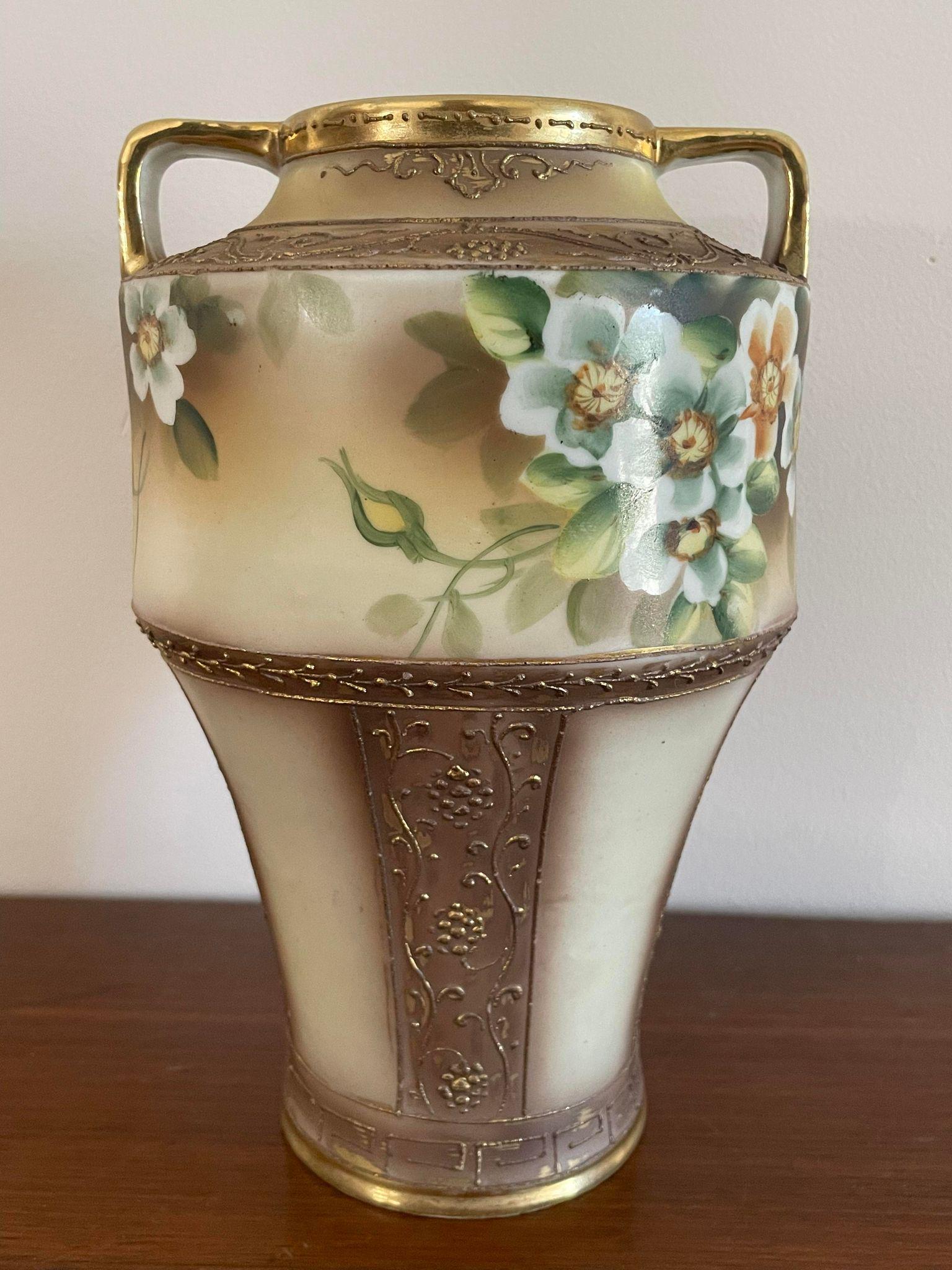 Antique Early Nippon Porcelain Double Handled Vase;  Floral Gold Gilded Floral Vase, Japan, 1890s (1 of 5)