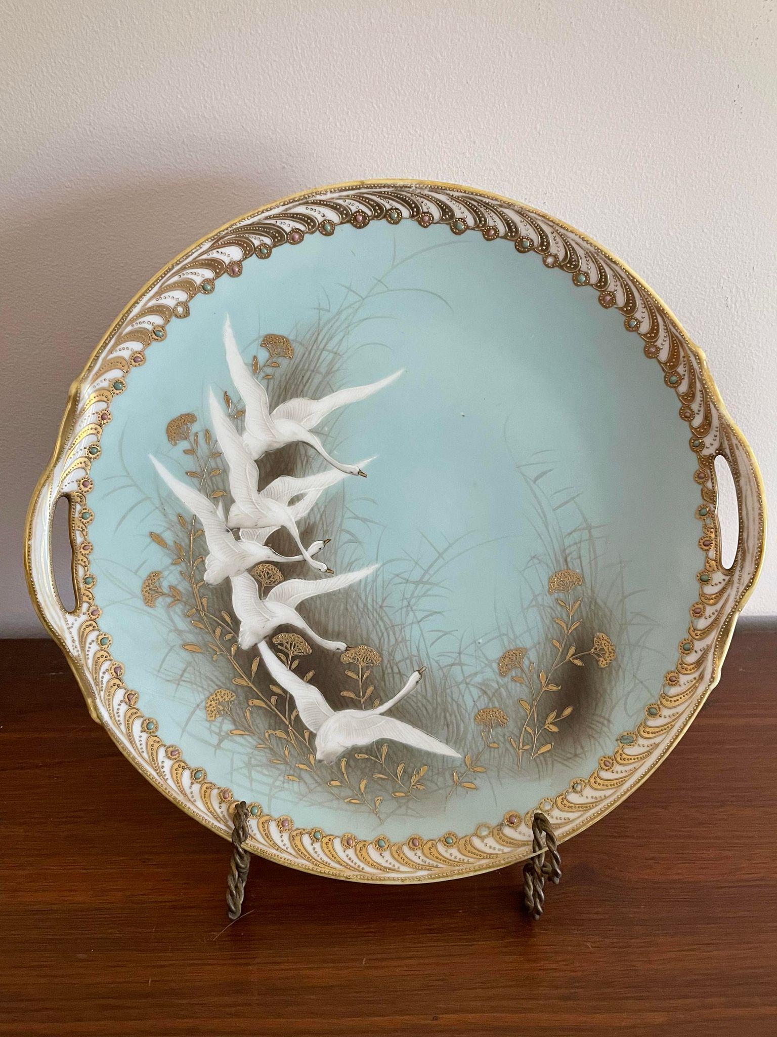 Gorgeous Vintage Nippon 1900's Hand Painted "Flying White Swans" 11-1/4" Beaded & Scenic Master: Gorgeous Vintage Nippon 1900's Hand Painted "Flying White Swans" 11-1/4" Beaded & Scenic Master Plate