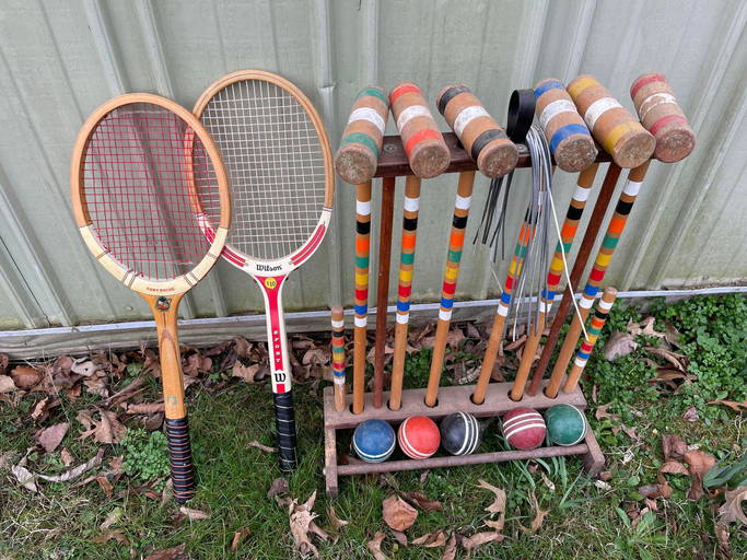 Vintage 6 Player Croquet Set And Tennis Rackets
