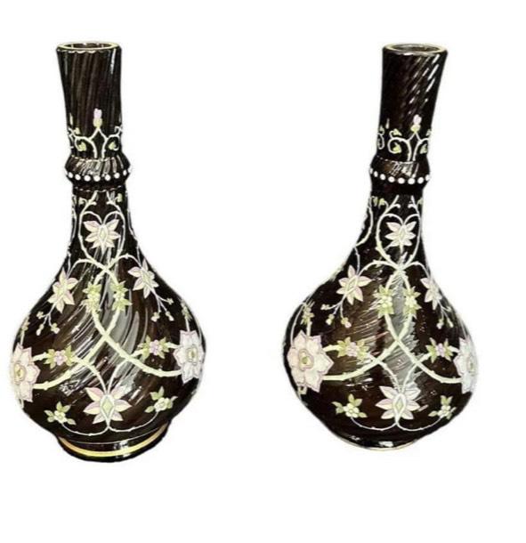 Pair of Artist Signed Hand Decorated Art Glass Barber Bottles (1 of 3)