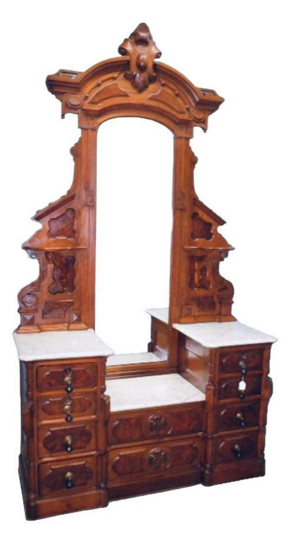 Victorian Walnut Drop Center Dresser W/ Carved Crests And Burl Panels
