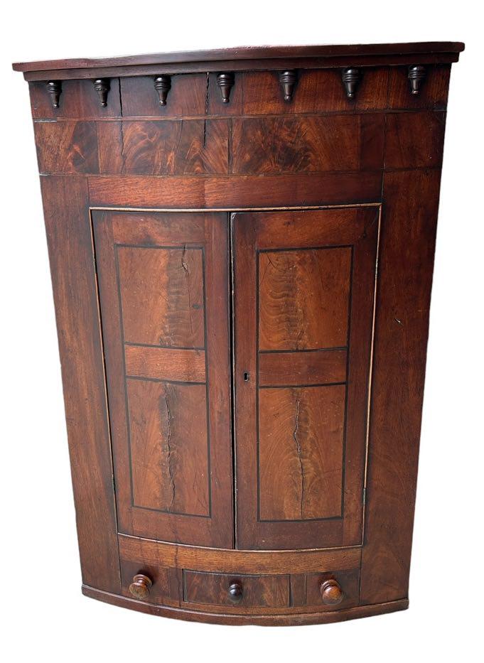 Early Bow Front Hanging Corner  Cupboard w. Paneled Doors and Drawers. Replaced Back 50"T / 33"W / (1 of 2)