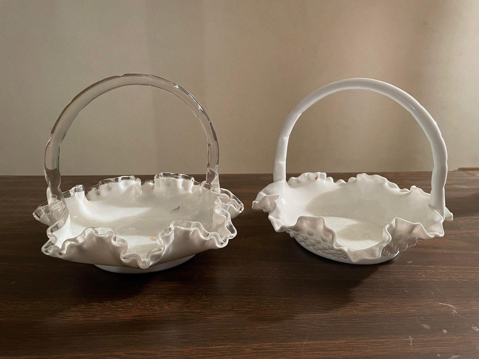 Fenton Milk Glass Ruffled Basket w/ Handles: Fenton Milk Glass Ruffled Basket w/ Handles