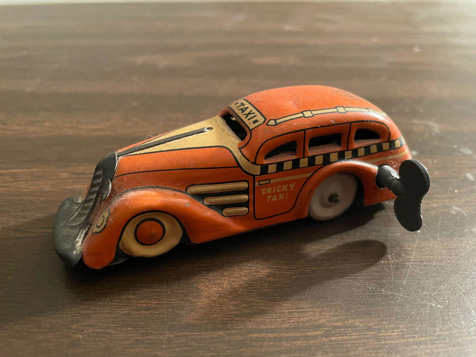1930's Marx "Tricky Taxi" Lithographed Tin Wind-up Car - Red & Cream Version, Excellent Condition (1 of 3)