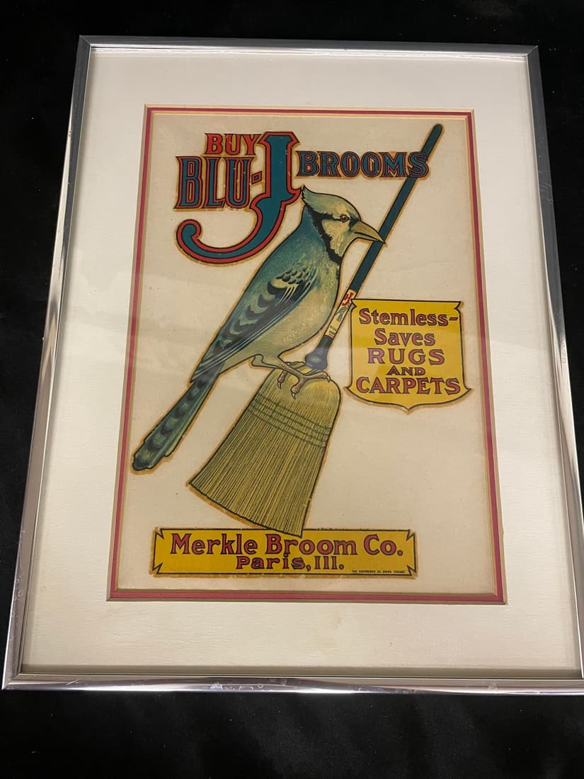 Framed Buy Blue J Brooms Advertisement by Merkle Broom Co. Paris, III.: Framed Buy Blue J Brooms Advertisement by Merkle Broom Co. Paris, III.
