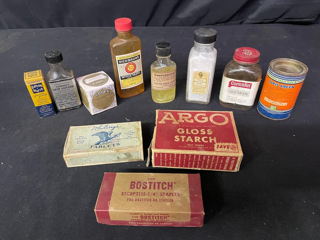 Misc. Vintage Medicine Bottles: Hanford's Balsam of Murrh, Jordan's Skin Lotion, Iodex, Dickenson's: Misc. Vintage Medicine Bottles: Hanford's Balsam of Murrh, Jordan's Skin Lotion, Iodex, Dickenson's Witch Hazel and more