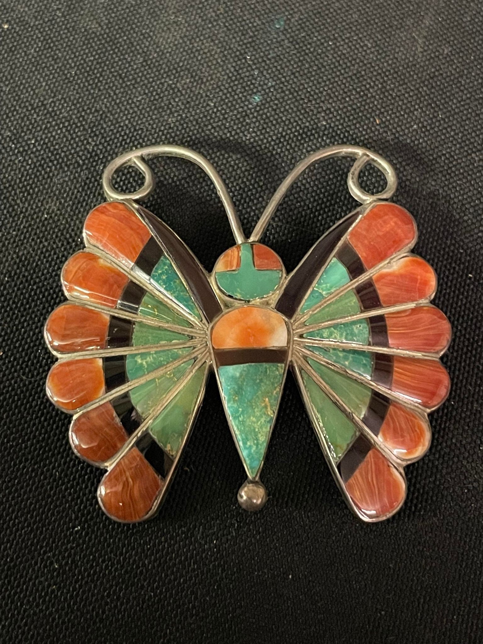 Vintage Silver Turquoise Inlay Butterfly Pendant Pin Brooch by Sara Edaakie Zuni: Vintage Silver Turquoise Inlay Butterfly Pendant Pin Brooch by Sara Edaakie Zuni