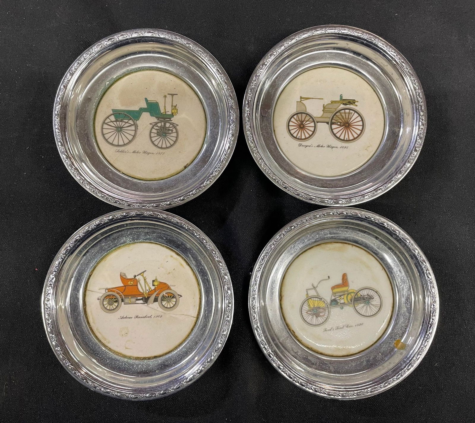 2 Vintage Sheridan Silver Plated / Ceramic Car Coasters: 2 Vintage Sheridan Silver Plated / Ceramic Car Coasters