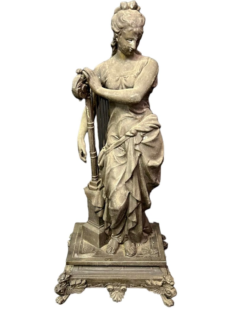 Victorian Spelter Statue of Woman Playing Harp, 18"T x 8"W x 8"D (1 of 2)