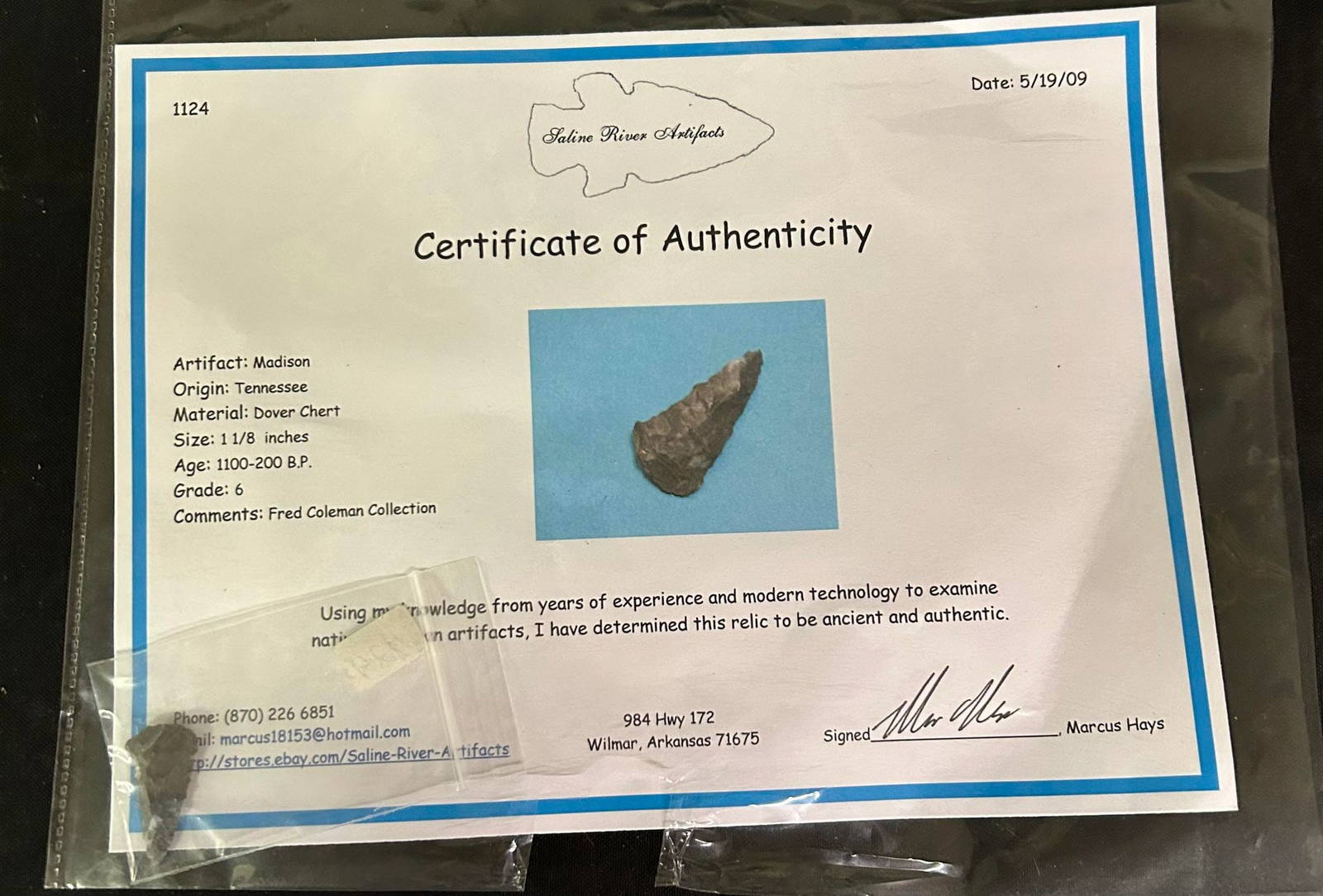 Native American Arrowhead W/ Certificate Of Authenticity Auction