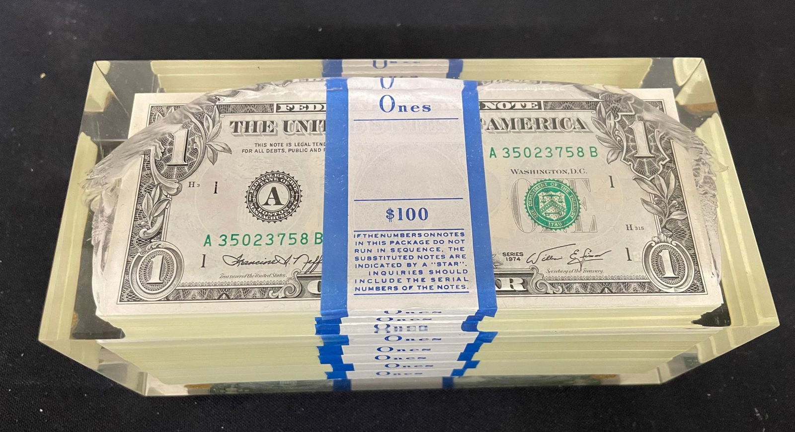100 One Dollar Bills in Glass - Paperweight: 100 One Dollar Bills in Glass - Paperweight