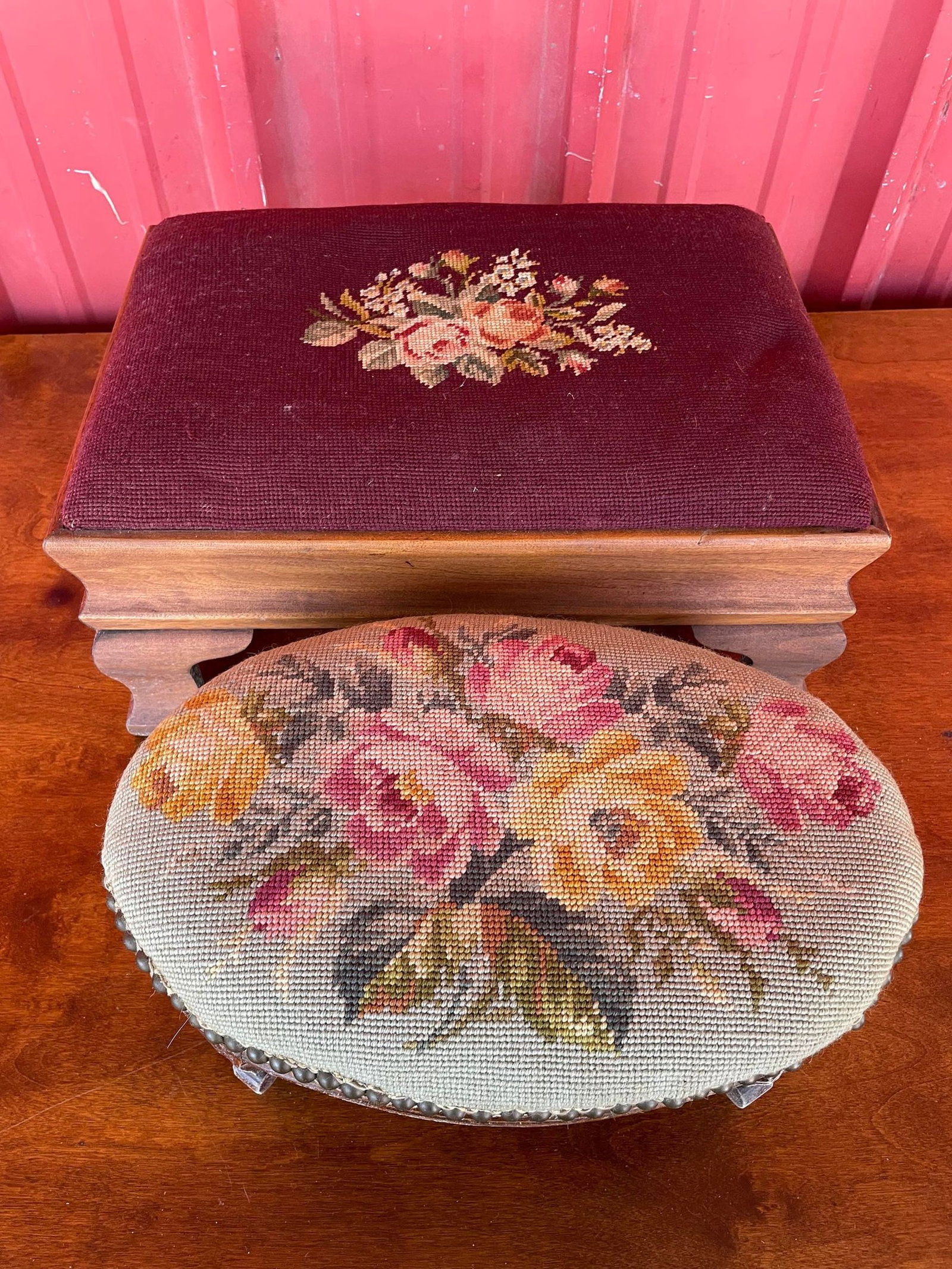 2 Antique Floral Footstools: 2 Antique Floral Footstools