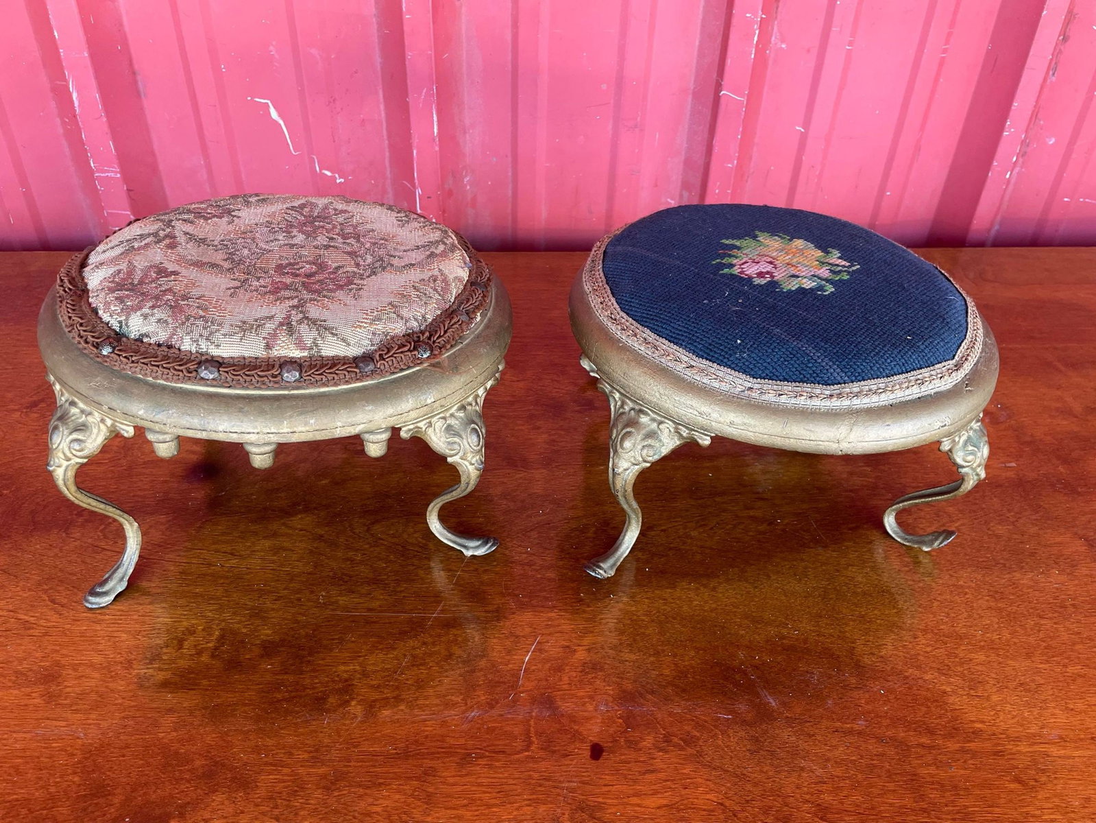 2 Antique Floral Footstools: 2 Antique Floral Footstools
