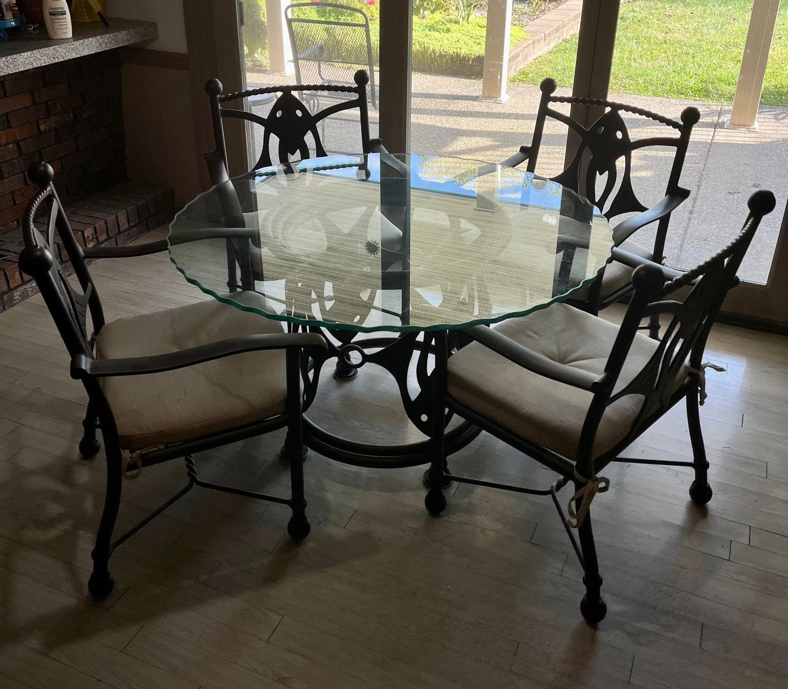 Glass Breakfast Table w/ Metal Chairs: Glass Breakfast Table w/ Metal Chairs