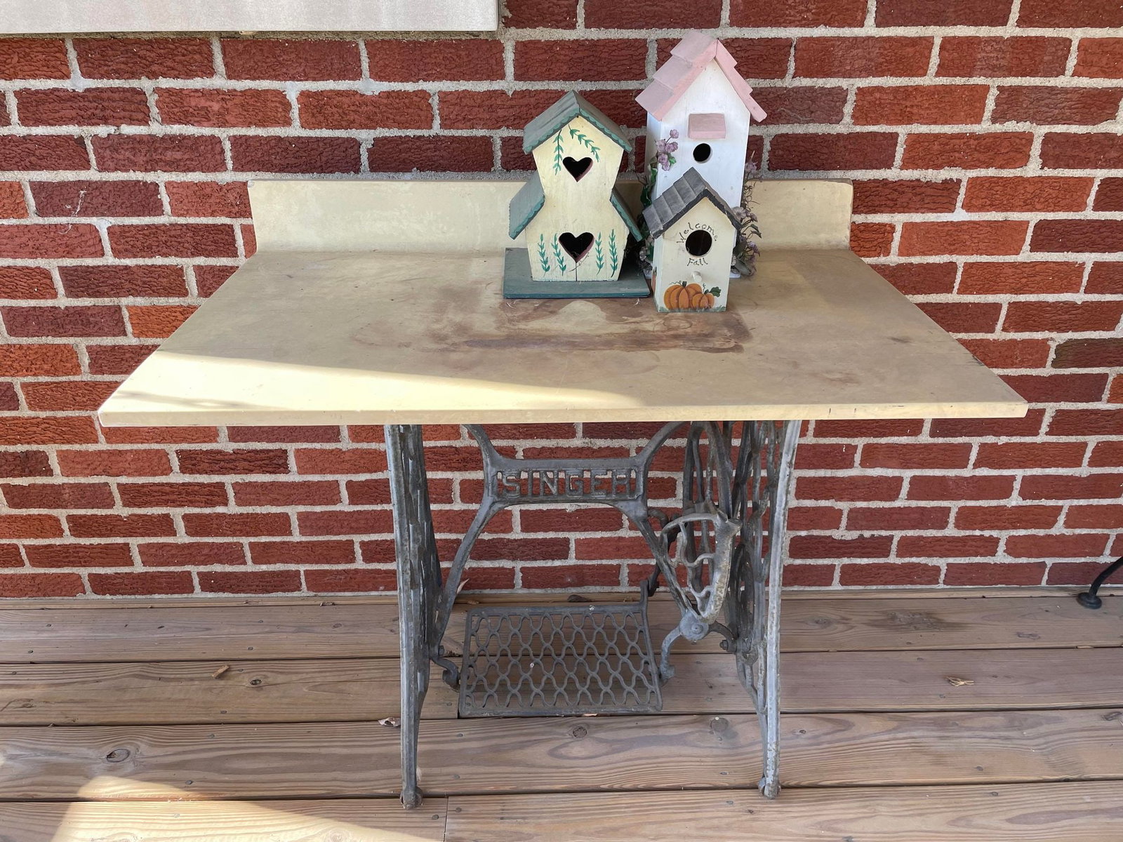 Antique Singer Sewing Table Including 3 Bird Houses: Antique Singer Sewing Table Including 3 Bird Houses