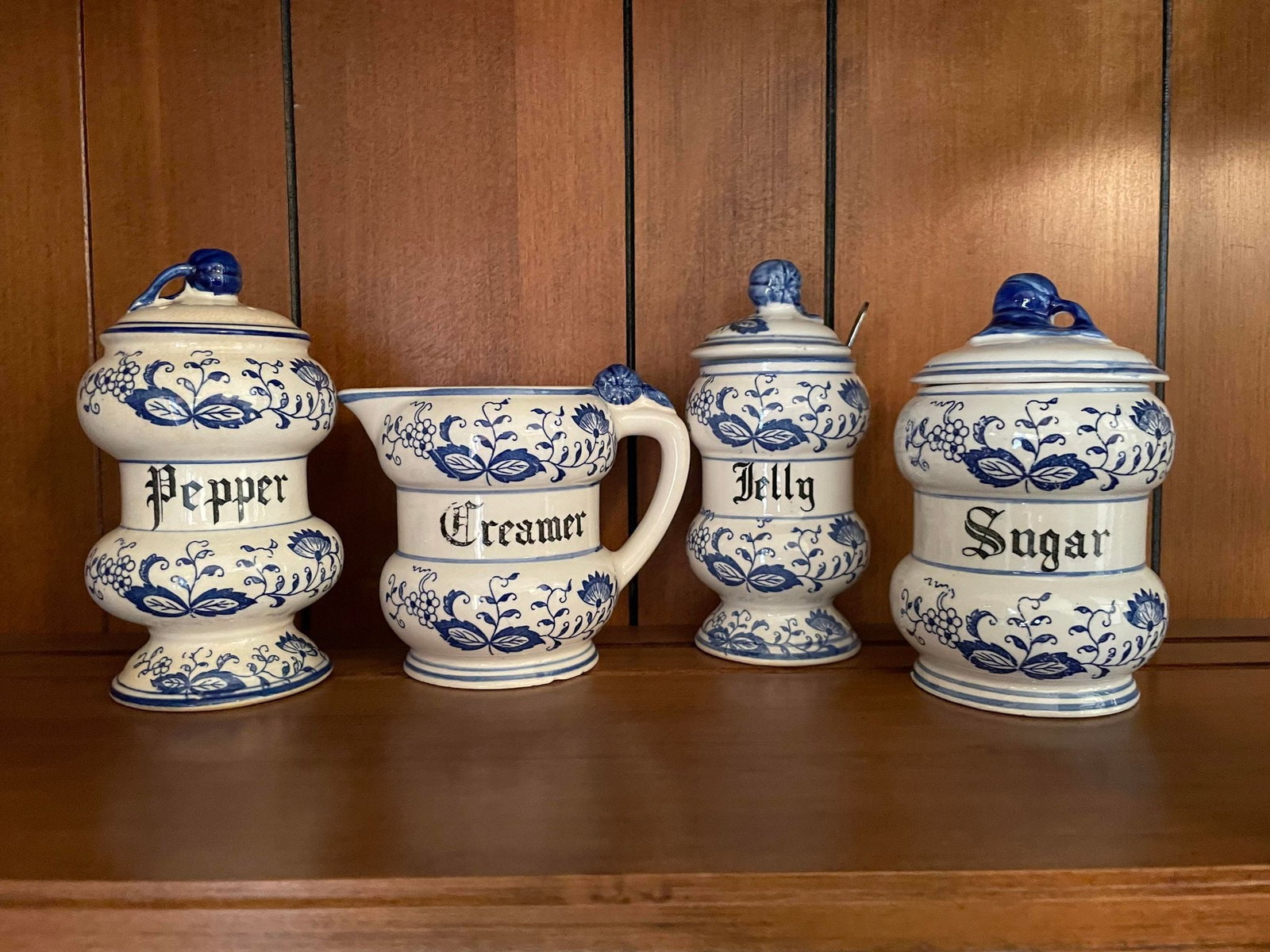 Flow Blue Salt, Pepper, Jelly, Creamer Containers: Flow Blue Salt, Pepper, Jelly, Creamer Containers