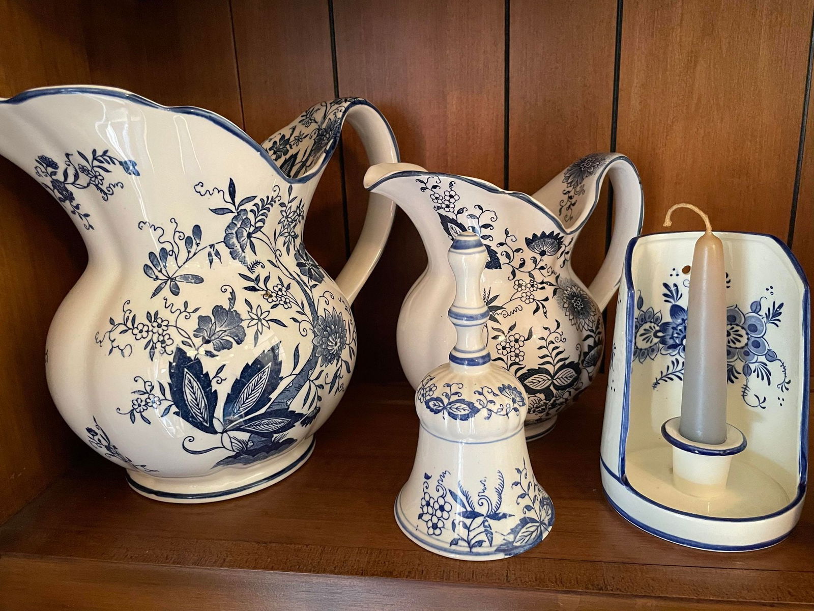 Flow Blue Pitchers, Hand Bell, Candle Holder: Flow Blue Pitchers, Hand Bell, Candle Holder