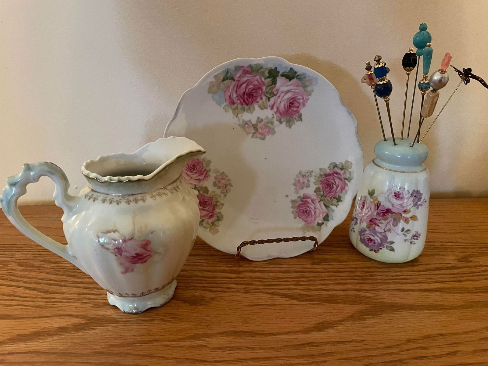Porcelain Pitchers and Plate and Hat Pin Holder w/ With Hat Pins: Porcelain Pitchers and Plate and Hat Pin Holder w/ With Hat Pins