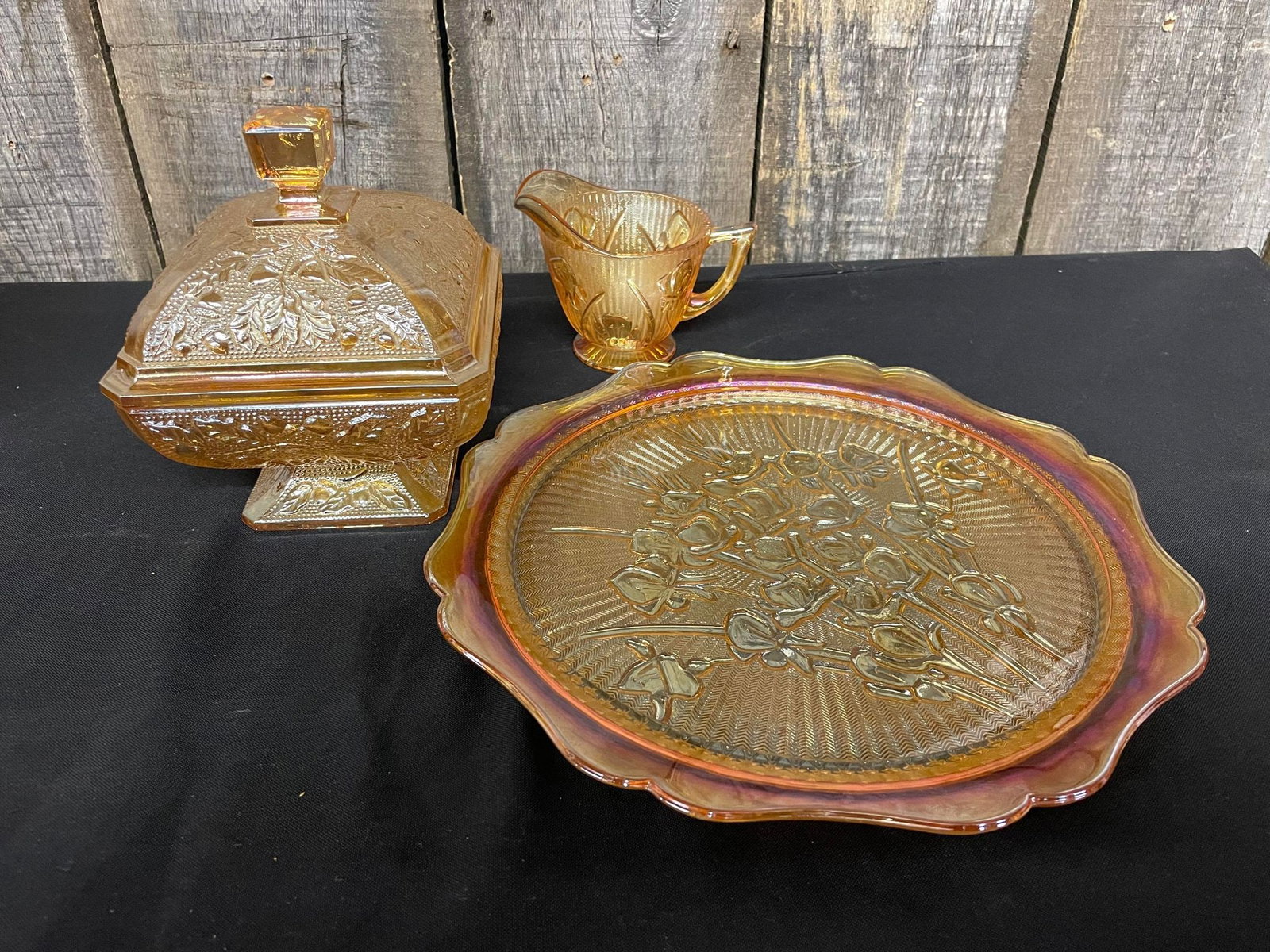 Carnival Vintage Jeanette Amberina Oak & Acorn Candy Dish with Lid, Jeannette Iris & Herringbone (1 of 3)